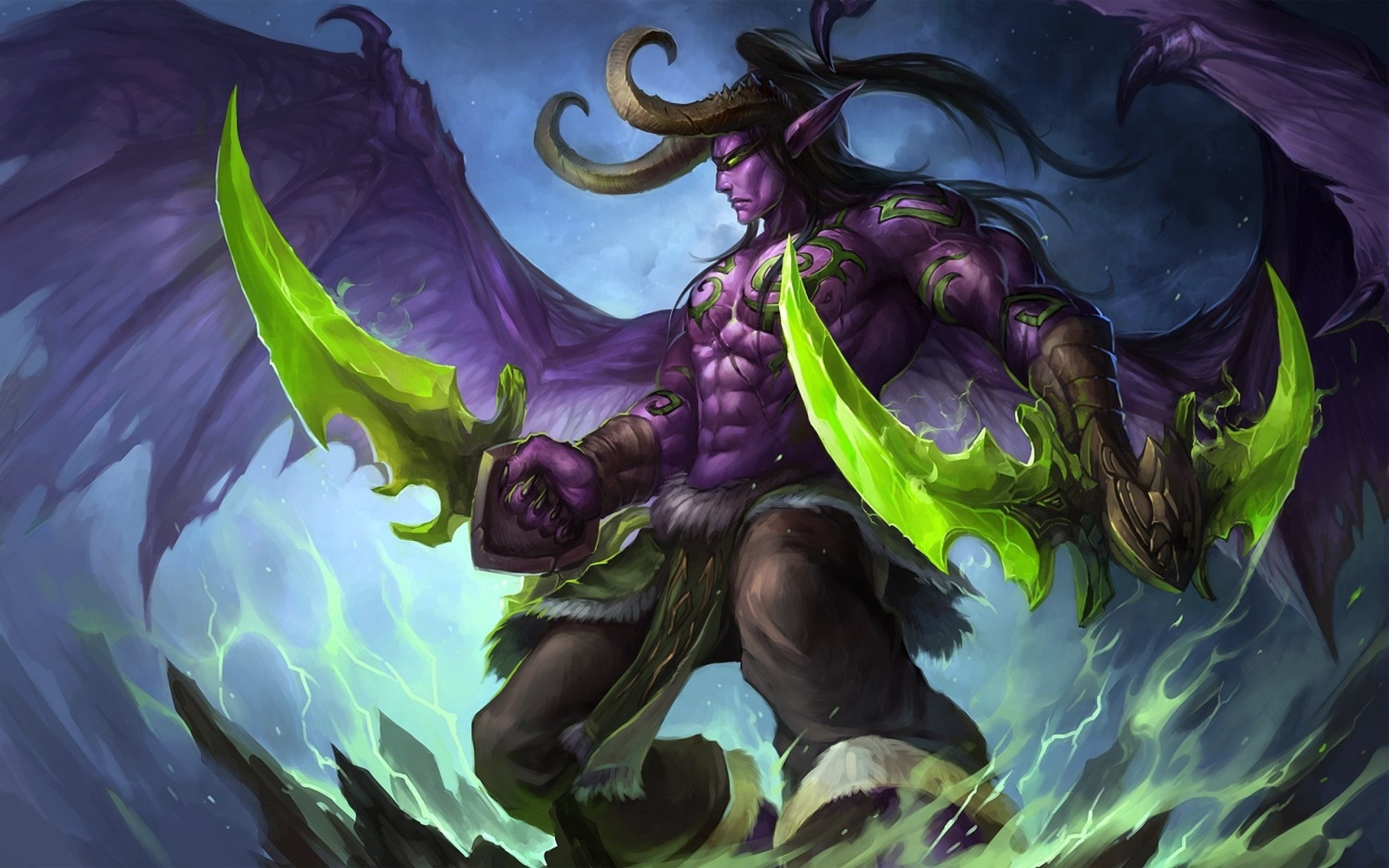 marine, purple, green color, multi colored, floating on water, floating, motion, world of warcraft, nature, Illidan Stormrage, close-up, smoke - physical structure, HD Wallpaper