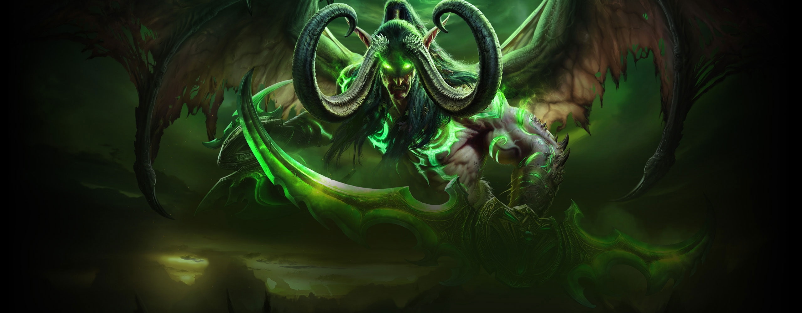illidan stormrage, pattern, nature, dreamlike, green color, Games, wings, tree, horns, 2K, illuminated, plant, world of warcraft, art and craft, full frame, HD Wallpaper