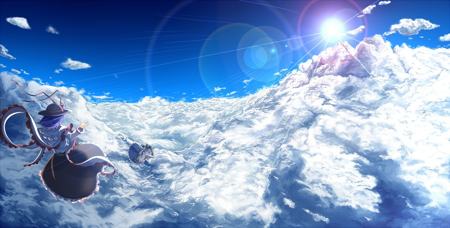 cold temperature, sport, leisure activity, Nagae Iku, 720P, lens flare, cloud - sky, Hinanawi Tenshi , travel, sunlight, clouds, digital composite, anime, HD Wallpaper