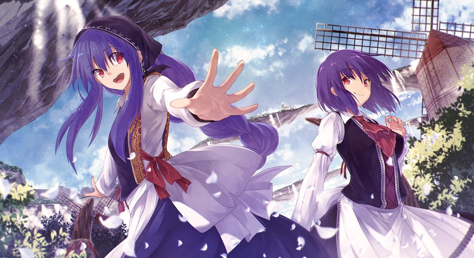 low angle view, human representation, female likeness, outdoors, day, cloud - sky, Hinanawi Tenshi, statue, nature, purple hair, built structure, plant, HD Wallpaper