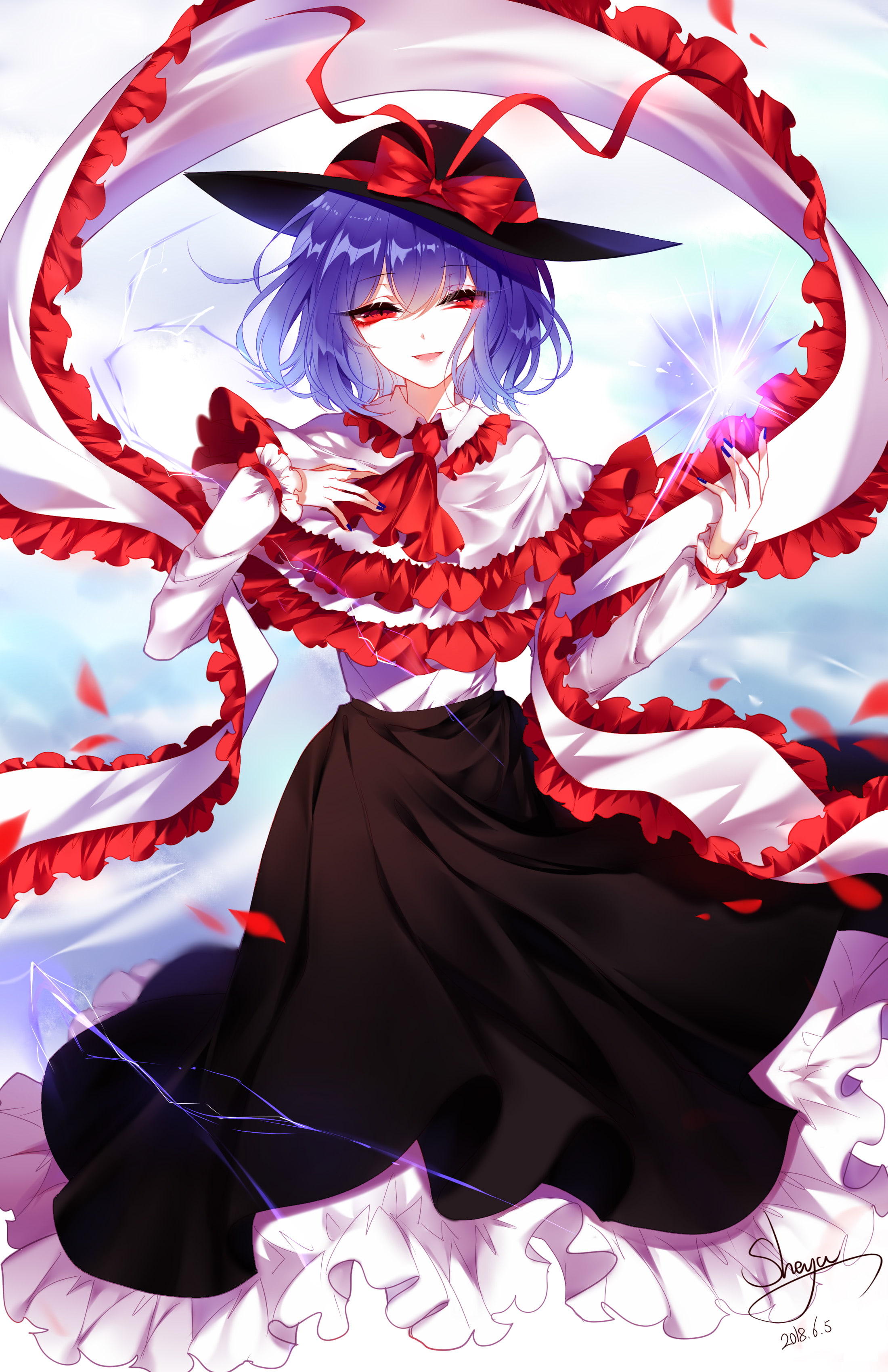 looking at viewer, 2K, blue hair, dress, Touhou, anime girls, Nagae Iku, simple background, short hair, sheya, white background, red eyes, anime, hat, Phone HD Wallpaper