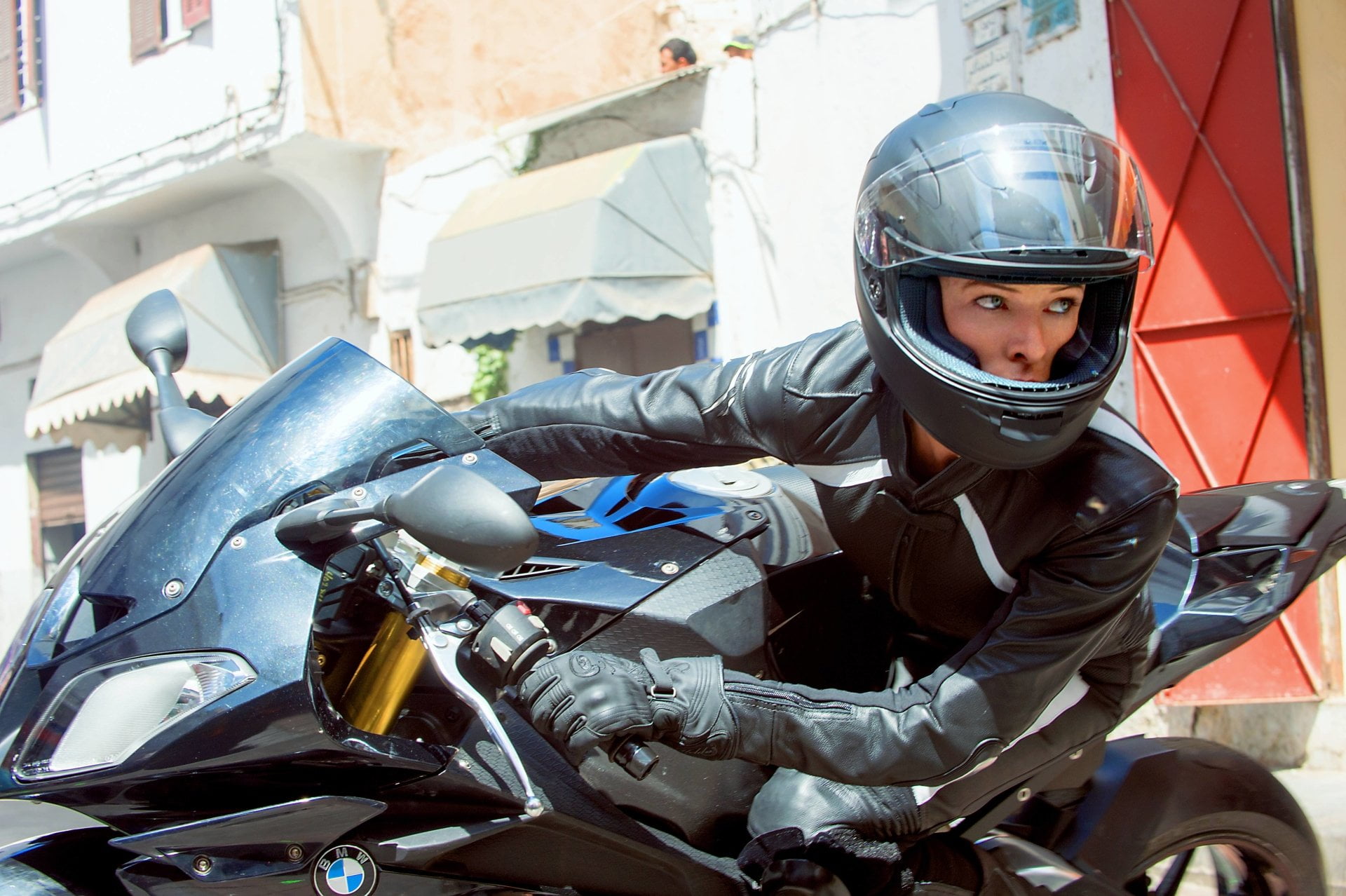 front view, jacket, 1080P, portrait, leather, motorcycle, clothing, headwear, Mission: Impossible, mode of transportation, scooter, land vehicle, Rebecca Ferguson, HD Wallpaper