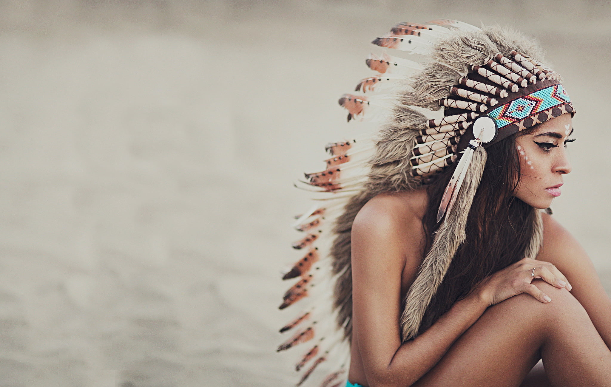 american, long hair, face, young adult, looking away, portrait, young women, native, feathers, leisure activity, real people, background, 1080P, white, HD Wallpaper