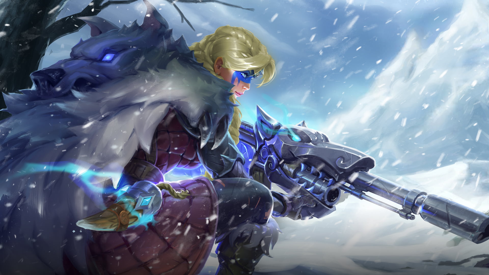 wolf, video game girls, 1080P, snow, blond hair, video game art, digital art, Paladins: Champions of the Realm, video games, assault rifle, HD Wallpaper