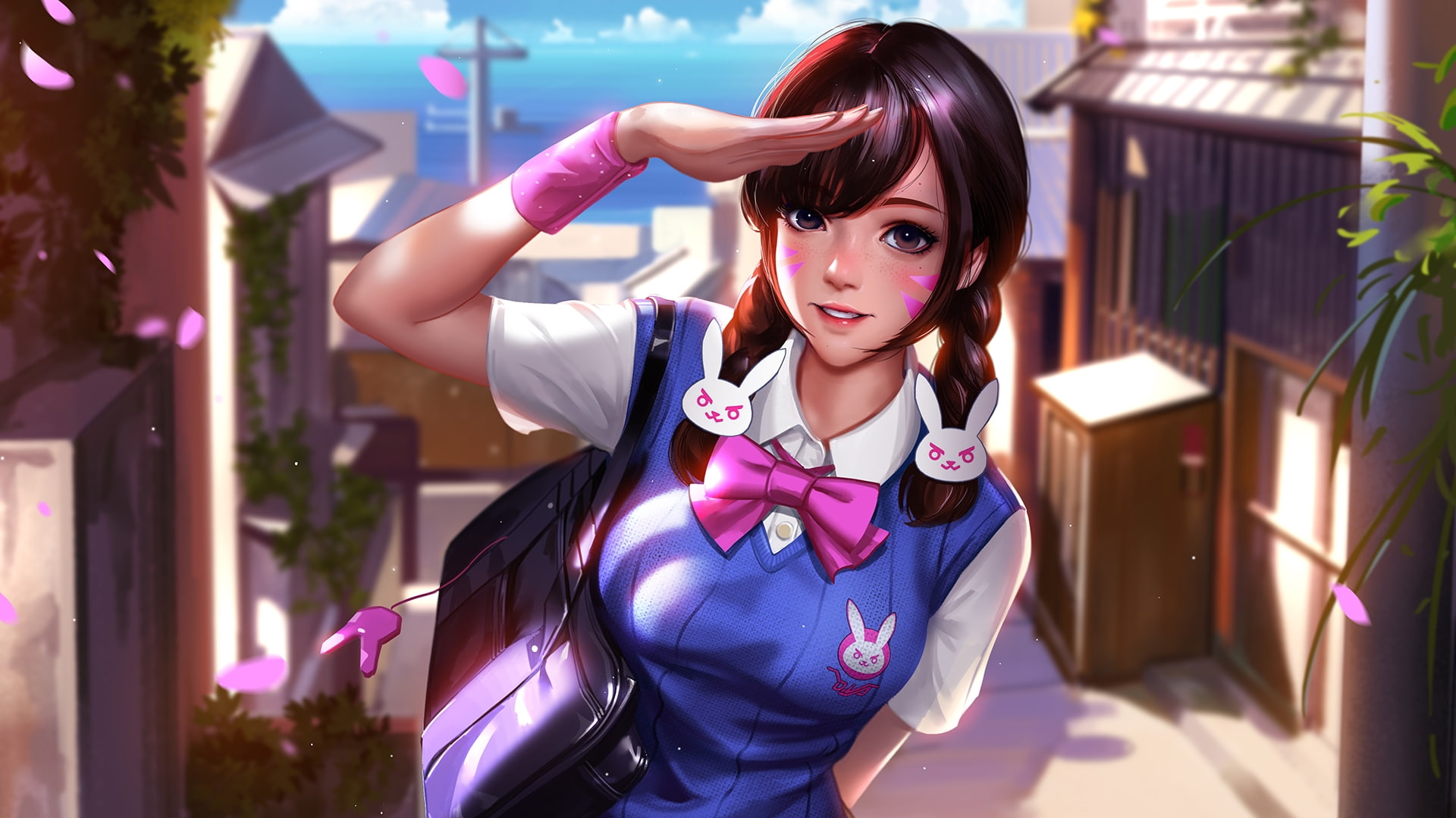 Overwatch, 1080P, looking at viewer, digital art, D.Va (Overwatch), school uniform, schoolgirl, pigtails, freckles, anime, video games, teens, bowtie, HD Wallpaper