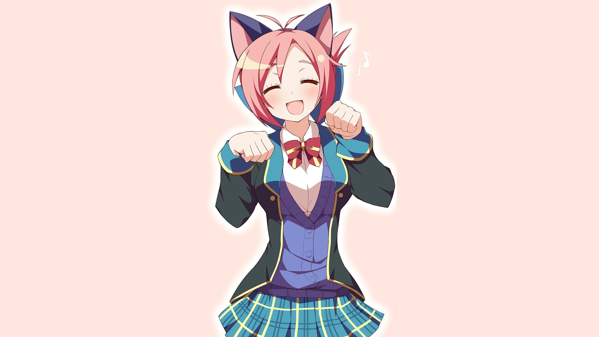 school uniform, simple background, nekomimi, animal ears, 1080P, bowtie, Amatsuka Megumi, closed eyes, GJ-bu, anime girls, anime, HD Wallpaper
