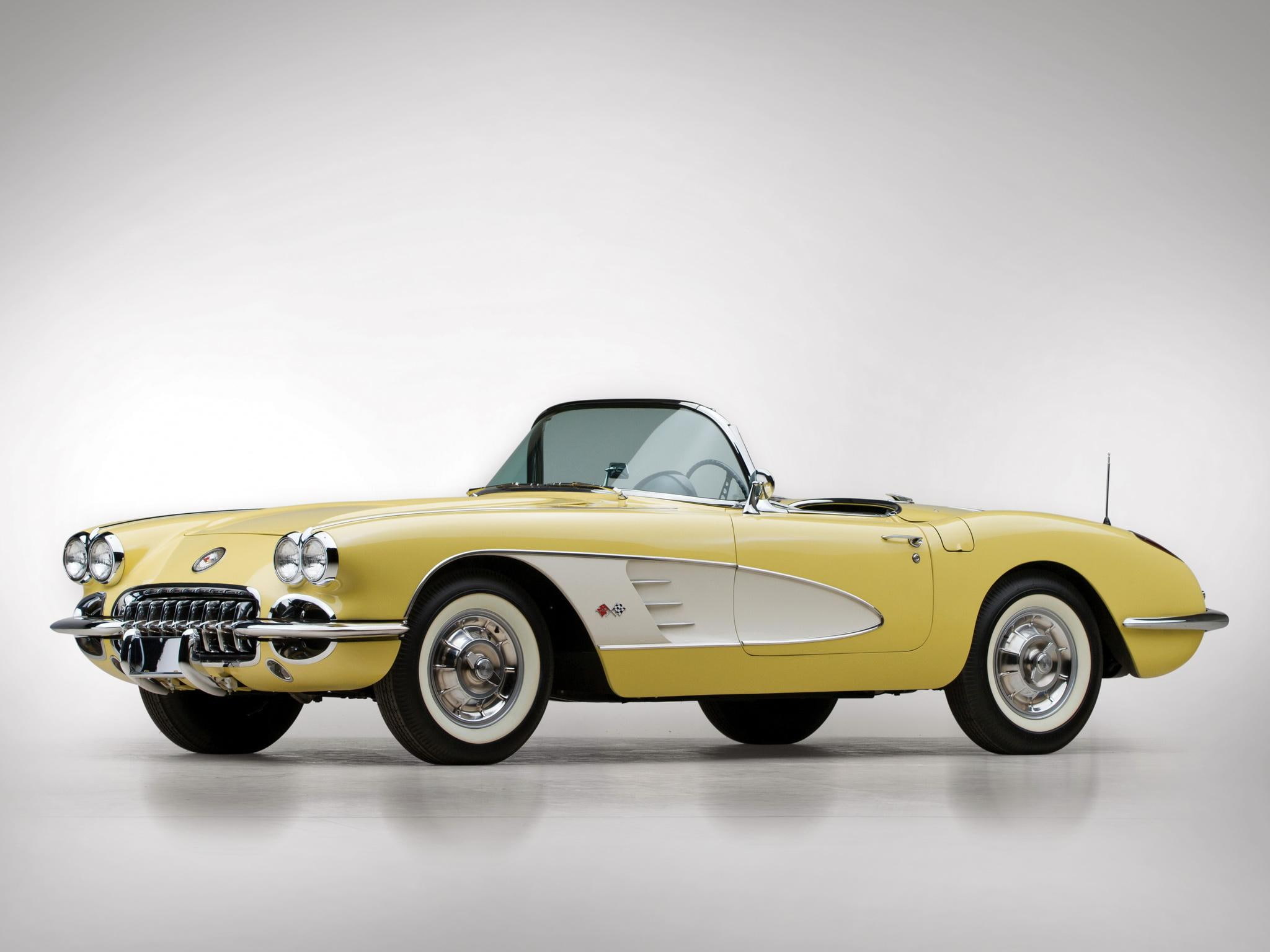 corvette, classic, 1080P, cars, bowtie, c, white walls, HD Wallpaper