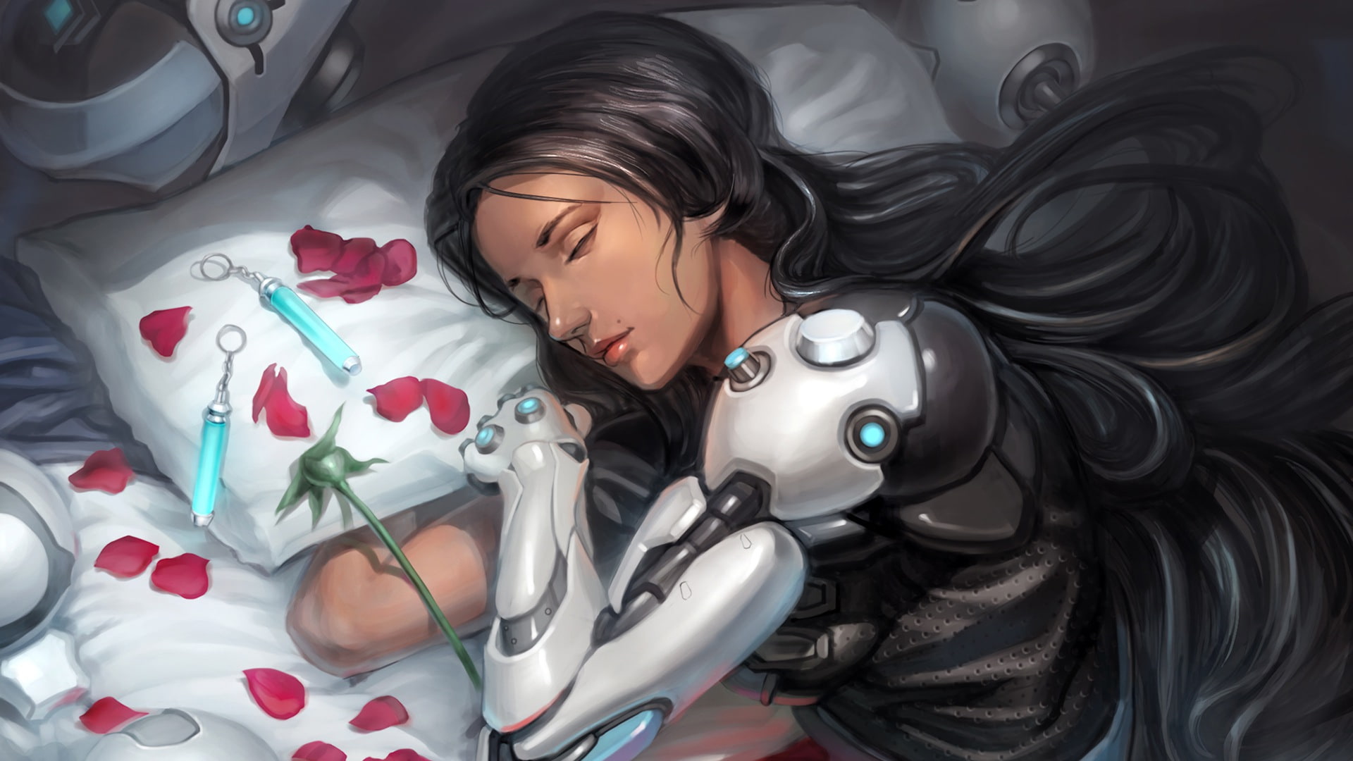 beautiful woman, bed, relaxation, hairstyle, one person, high angle view, young women, Symmetra (Overwatch), women, petals, furniture, eyes closed, adult, HD Wallpaper