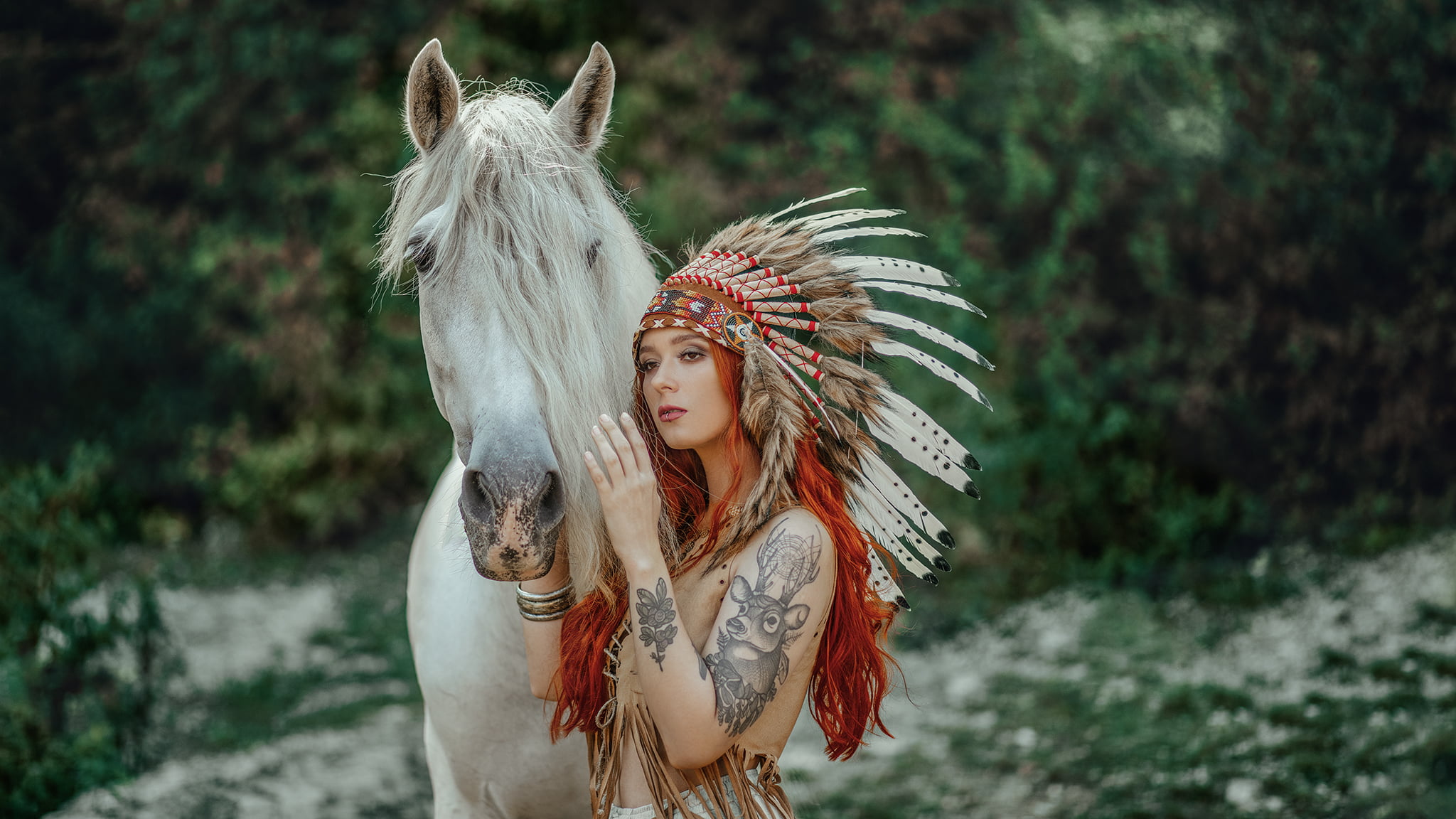 women, tattoo, brown eyes, Janusz Żołnierczyk, portrait, inked girls, long hair, horse, 1080P, headdress, looking away, indian hat, women with horse, animals, HD Wallpaper