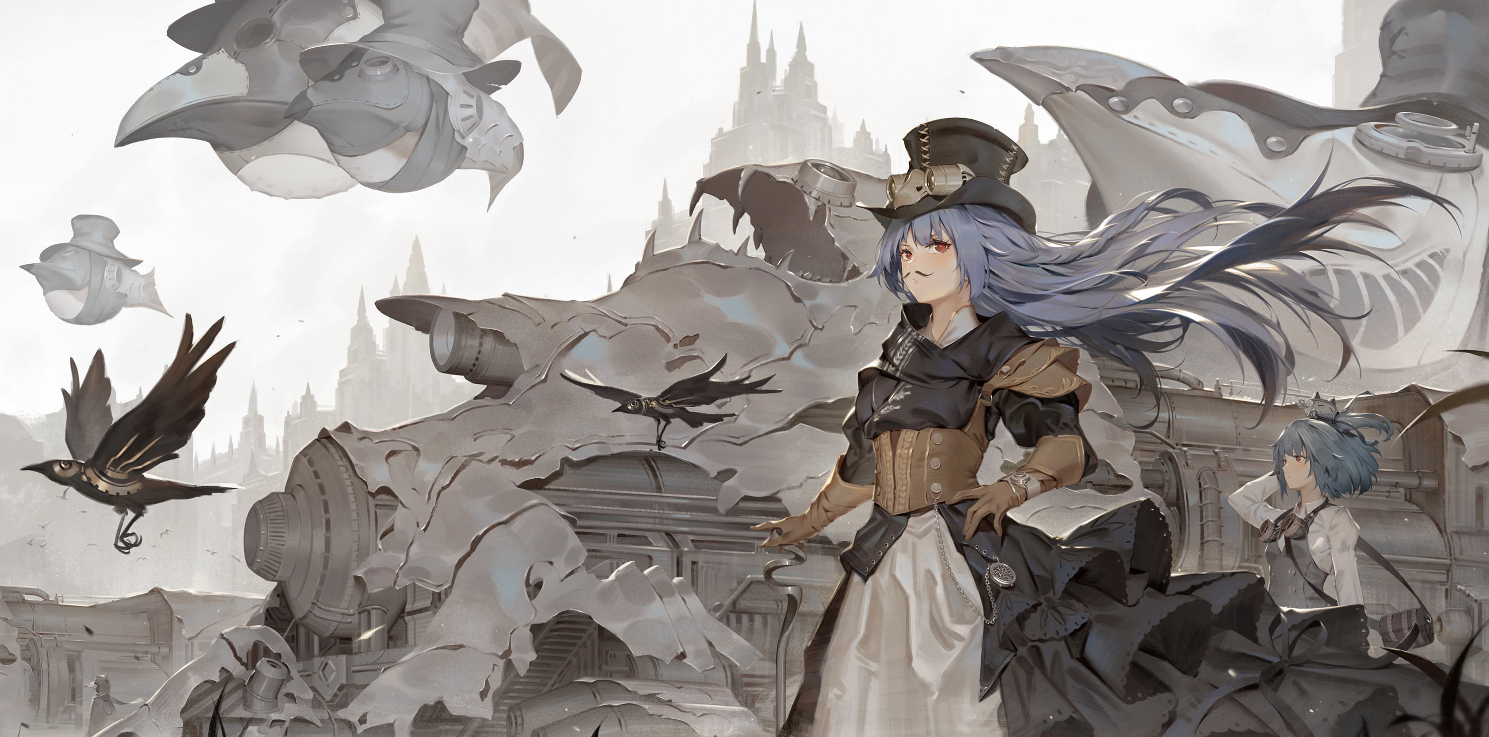 train, top hat, corset, fantasy art, fantasy girl, Chika Toriumi, birds, hat, long hair, drawing, anime, illustration, digital art, machine, blue hair, HD Wallpaper