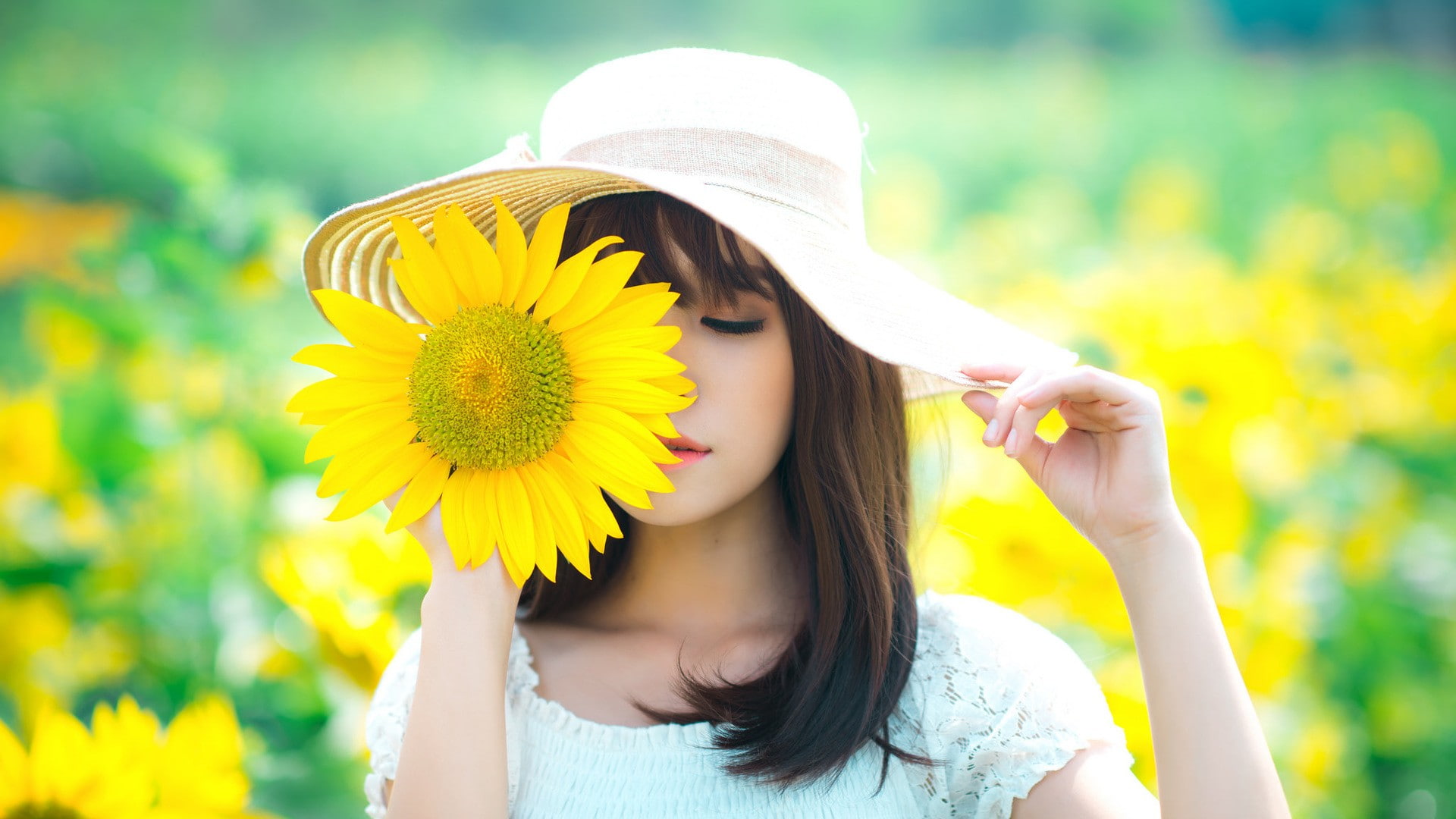 Asian, white tops, brunette, lifestyles, fragility, 1080P, yellow flowers, hat, leisure activity, closed eyes, flower, hairstyle, beautiful woman, face, HD Wallpaper