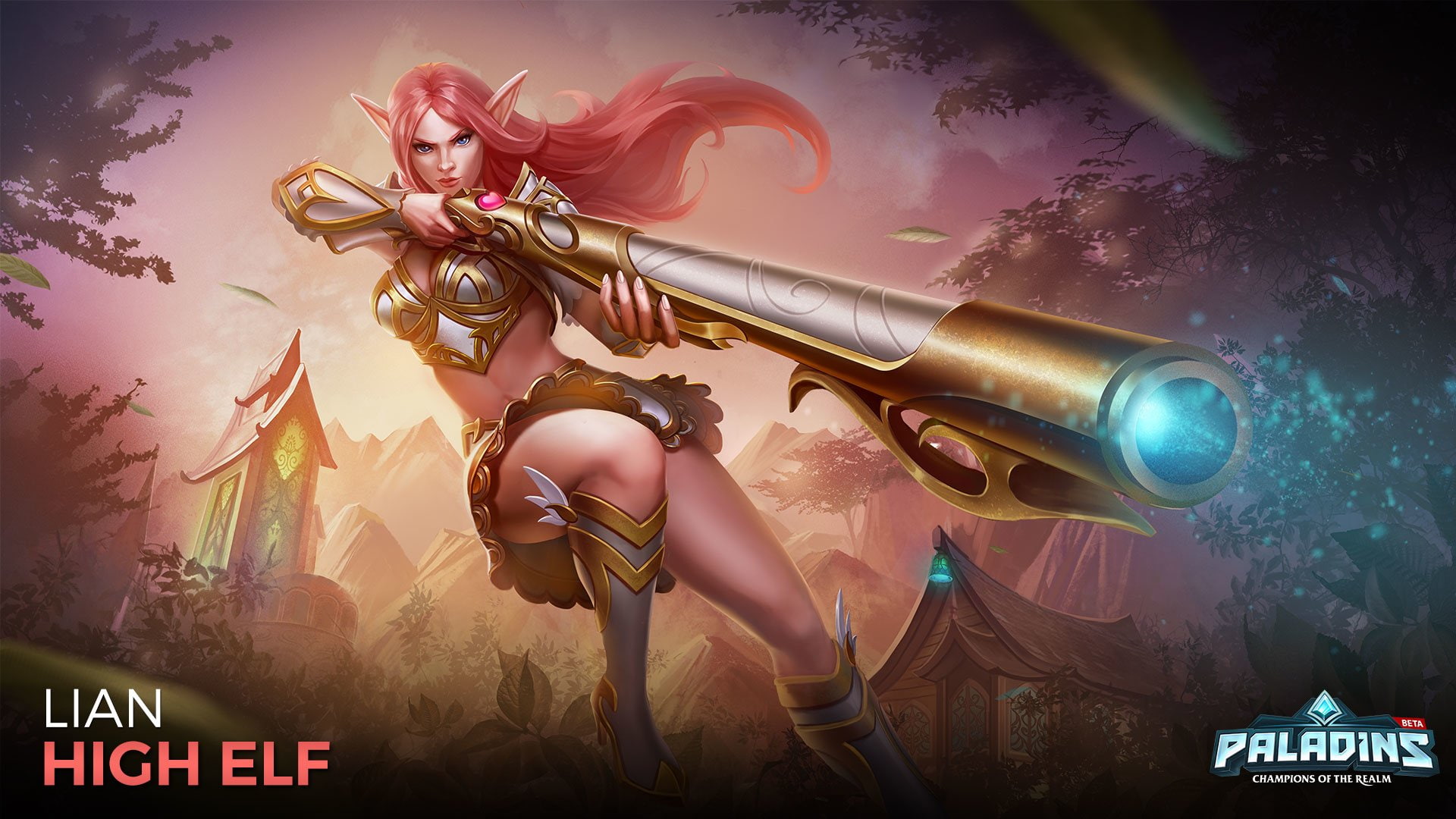 1080P, Paladins, Long Hair, Boots, Pink Hair, Weapon, Lian (Paladins), Video Game, Girl, Paladins (Video Game), Skirt, Blue Eyes, Pointed Ears, Gun, HD Wallpaper