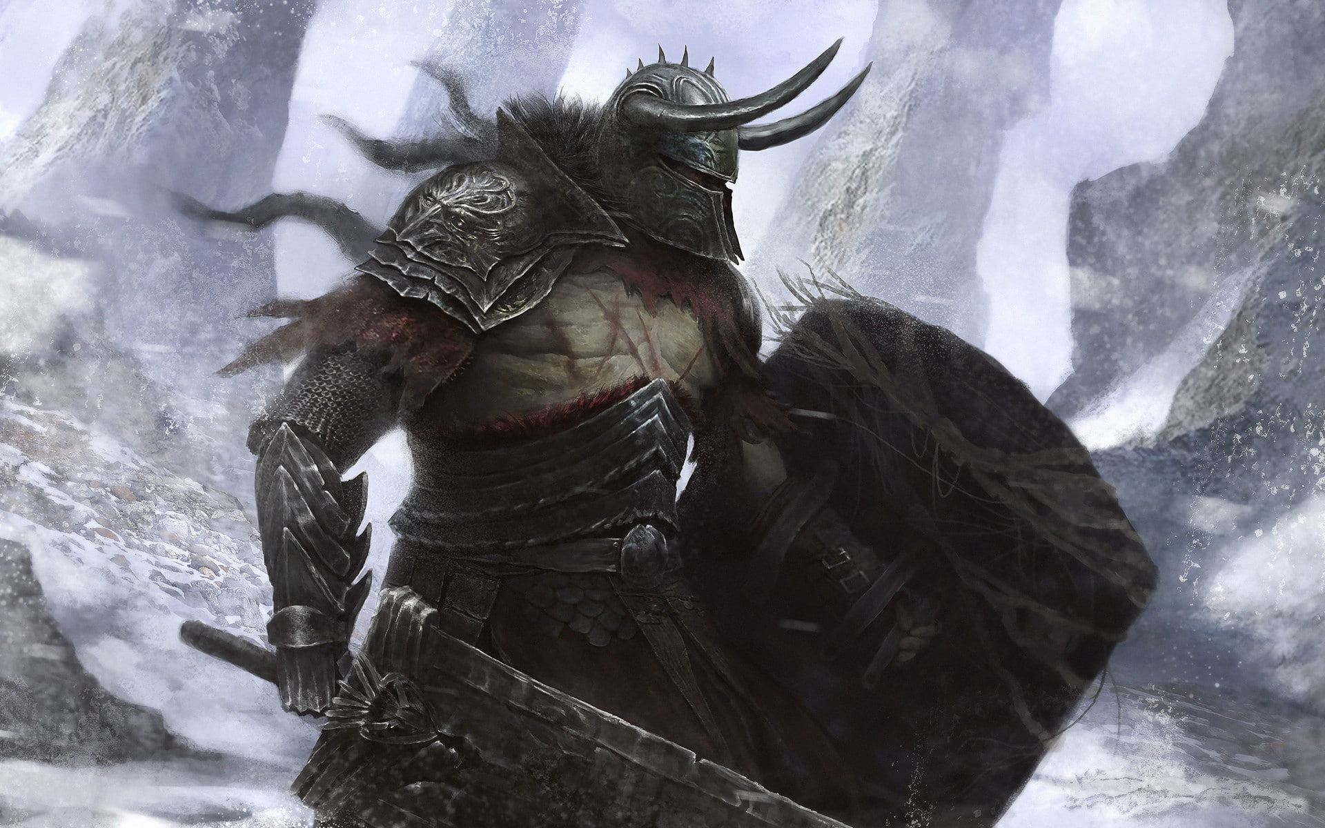 Armored, shield, warrior, digital art, horns, fantasy art, Armiche Lora, 1080P, winter, HD Wallpaper