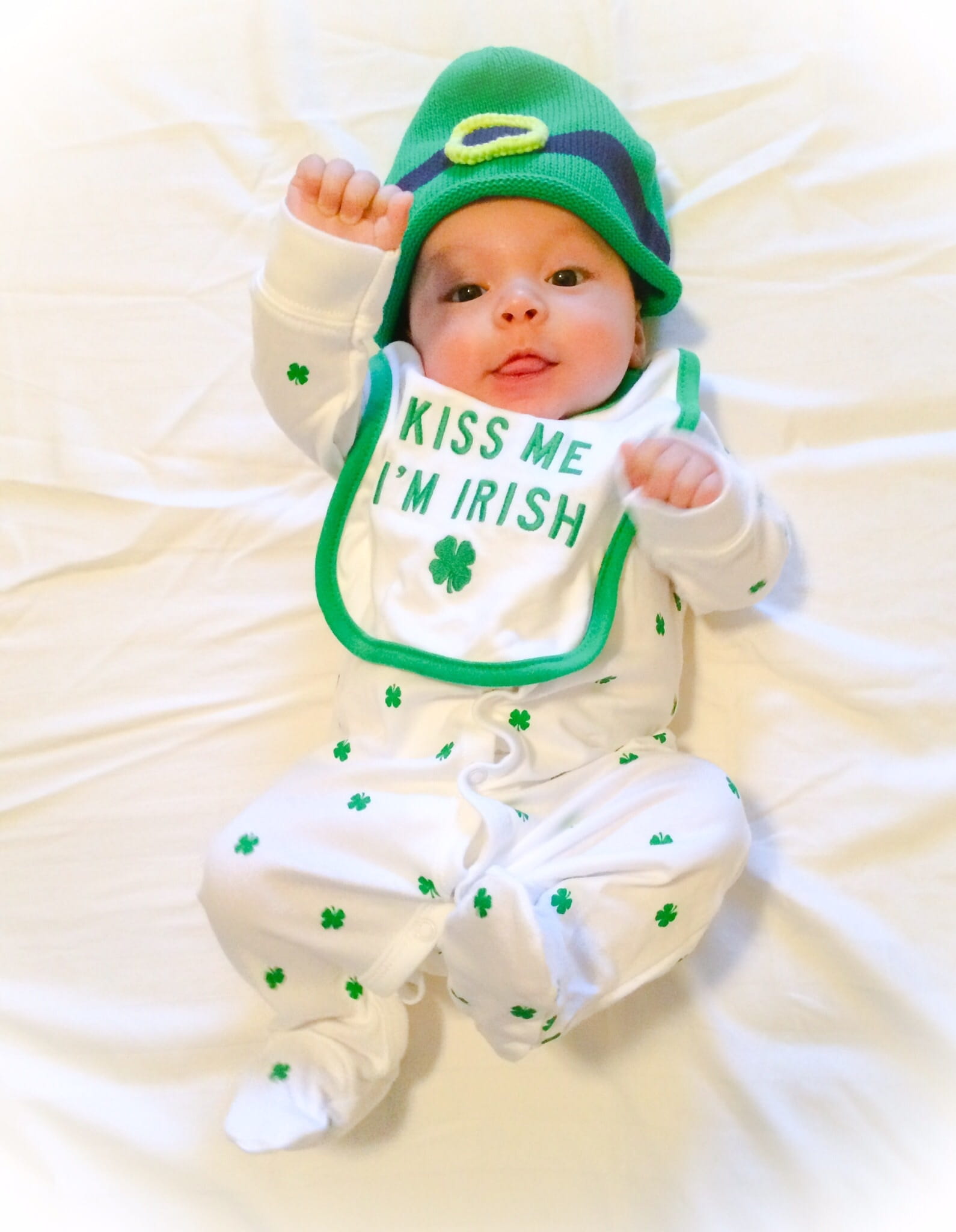 jig, 1080P, bed, looking at camera, one person, st patricks day, shamrock, high angle view, full length, clothing, baby, young, green, indoors, hat, toddler, Phone HD Wallpaper
