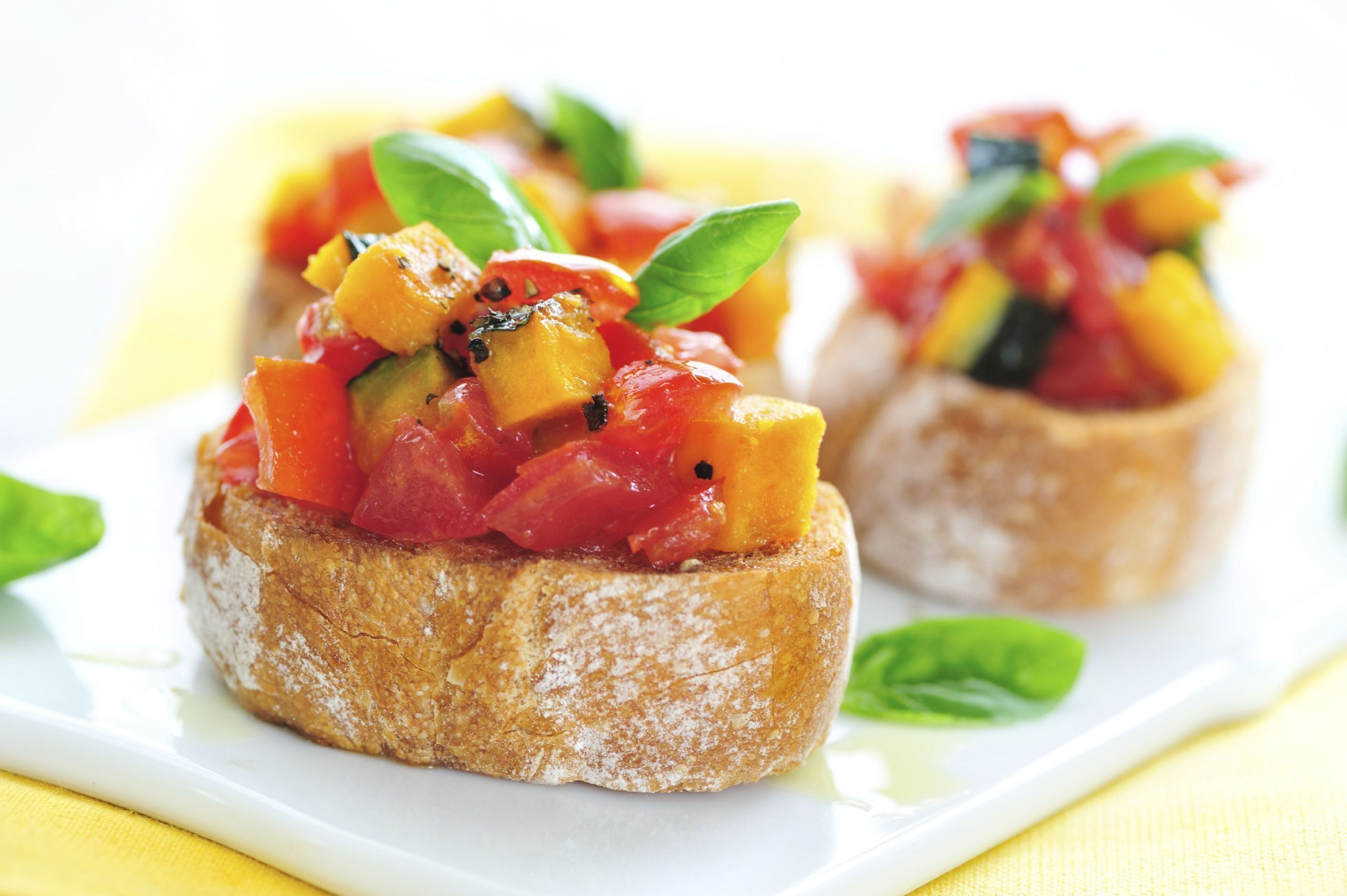 bread, meal, salmon, canape, basil, healthy Eating, greens, bruschetta, tomato, toasted Bread, appetizer, plant part, sandwich, close-up, red, crockery, HD Wallpaper