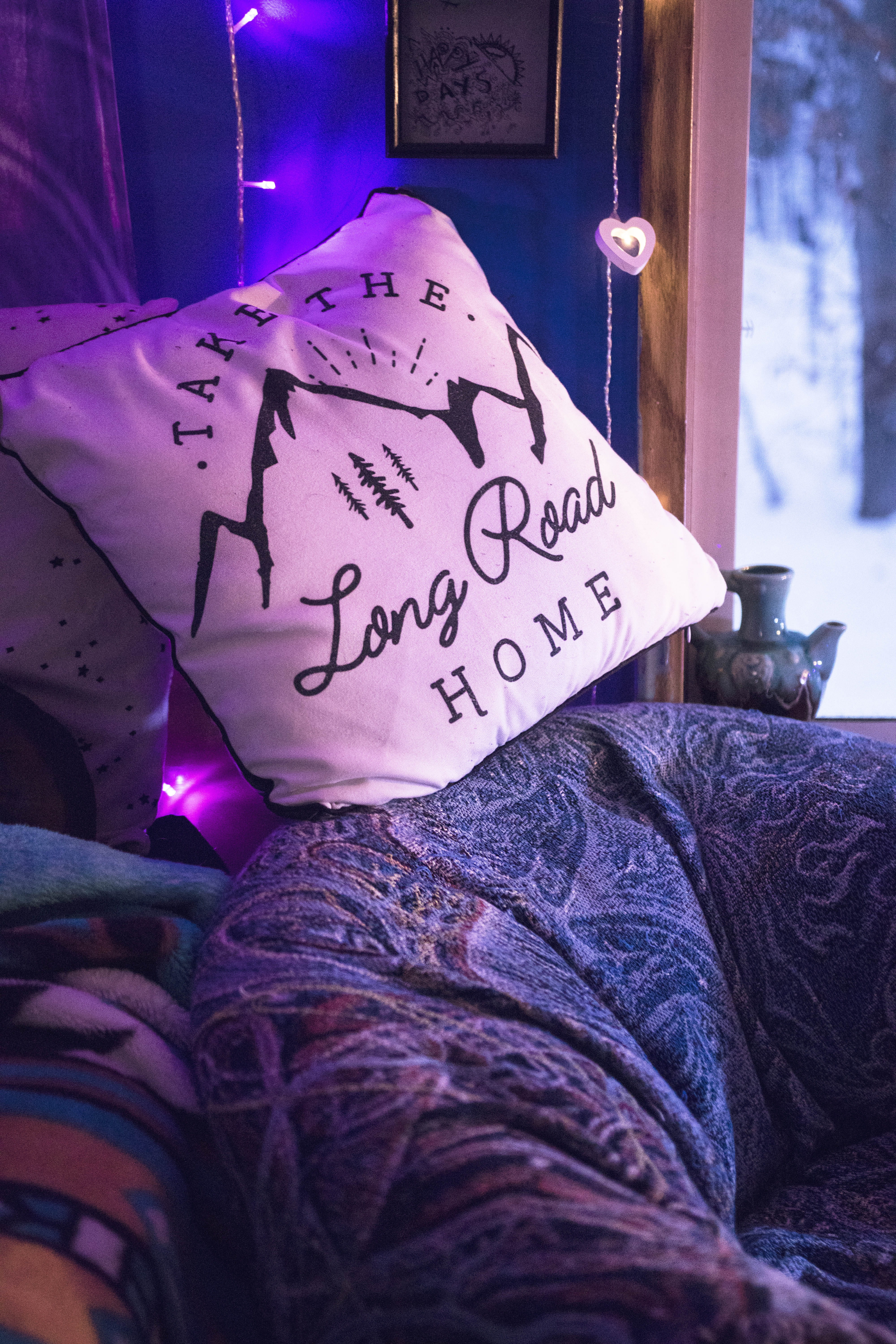 long road, winter, 5K, bedroom decor, traveler, stuffed, architecture, purple, indoors, close-up, script, message, neon lights, western script, non-western script, Phone HD Wallpaper