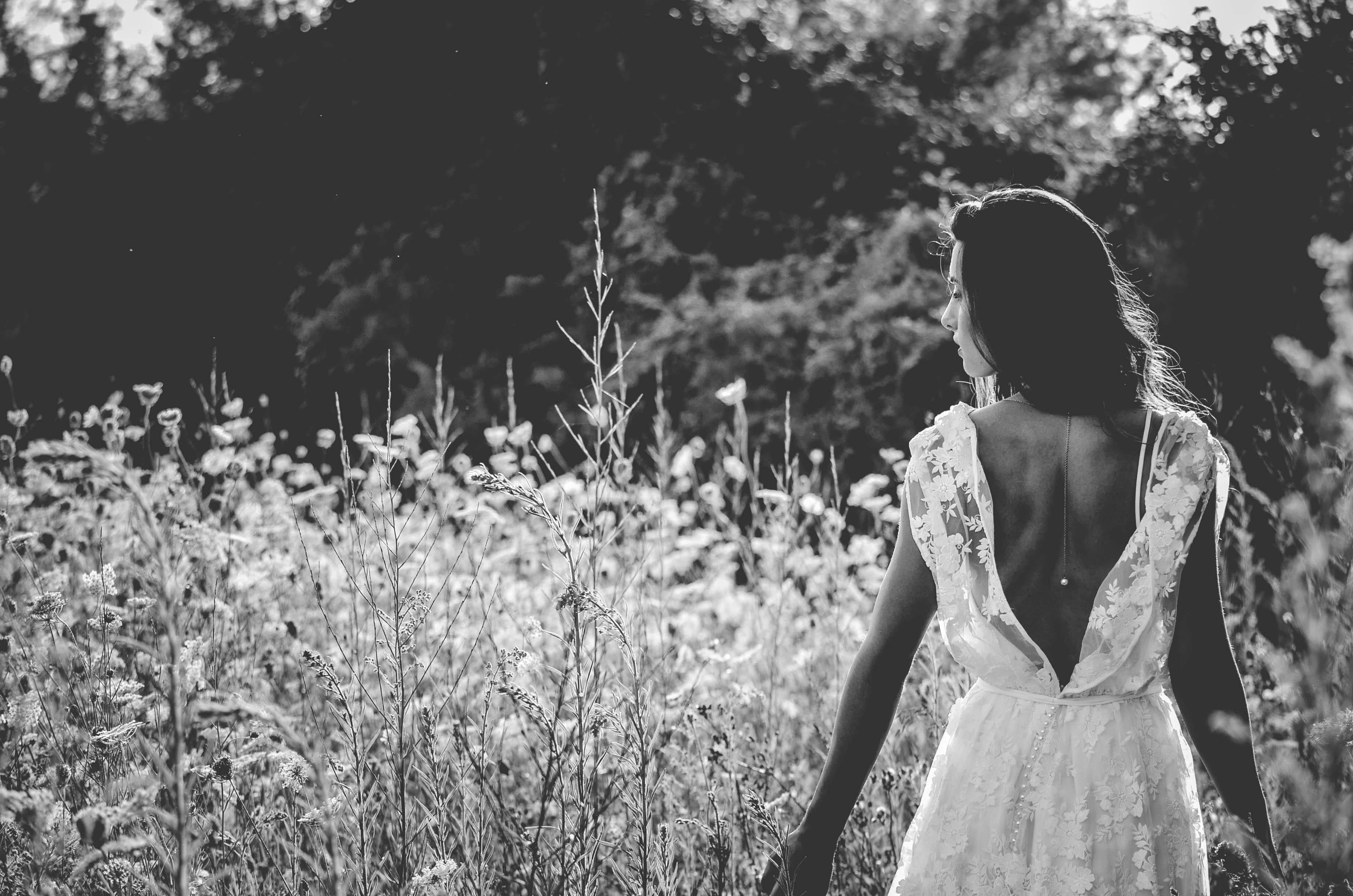 grayscale, clothing, bohemian, plants, boho, outdoors, backless, gown, rear view, growth, three quarter length, leisure activity, female, wedding, contemplation, HD Wallpaper