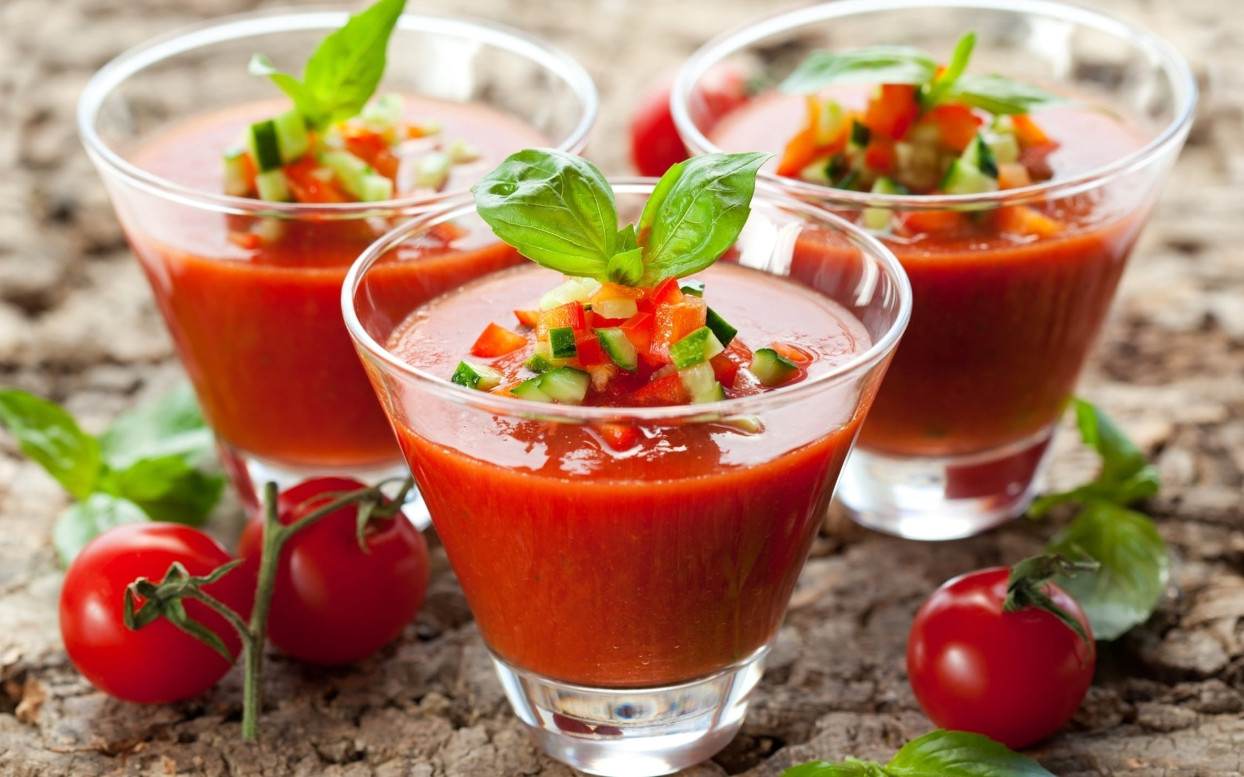 drink, snack, tomato, three, fruit, herb, close-up, drinking Glass, table, dinner, food, basil, ready-to-eat, plant part, shotglasses, vegetarian Food, HD Wallpaper