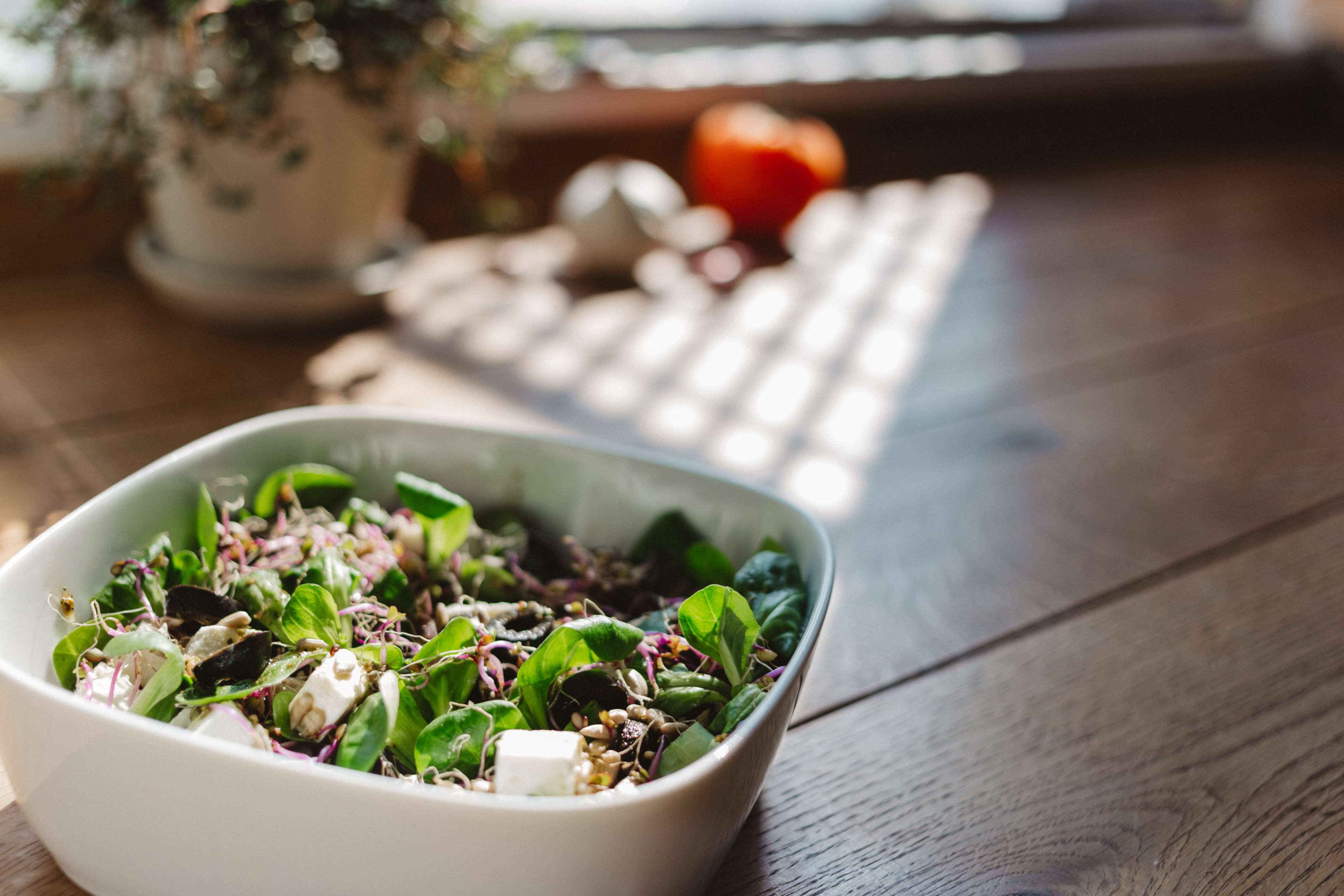 plant, herb, 4K, dinner, table, salad bowl, wellbeing, fruit, food, freshness, healthy, vegetable, lettuce, selective focus, close-up, wood, salad, wooden, HD Wallpaper