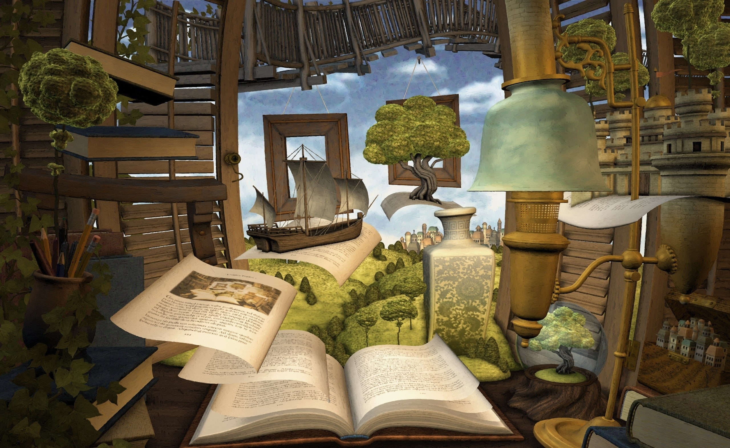plant, indoors, good book, architecture, lamp, education, Artistic, lost, surreal art, 2K, seat, books, lost in a good book, large group of objects, HD Wallpaper