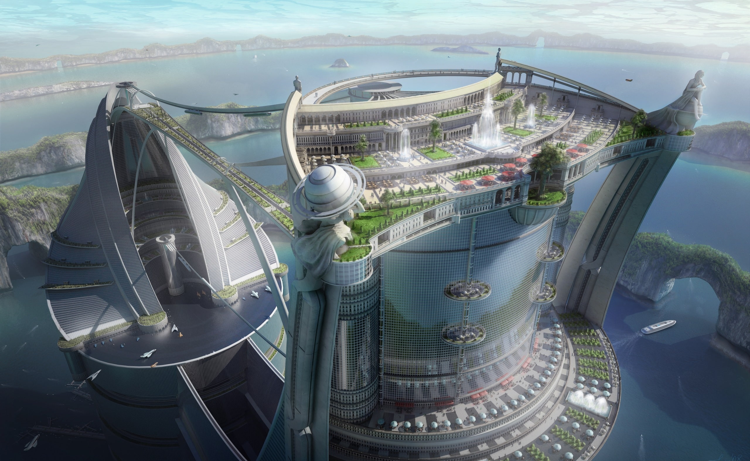 outdoors, city, nvidia art, building exterior, high angle view, high, universe, sea, hd, architecture, Artistic, day, travel, metal, 3D, transportation, HD Wallpaper