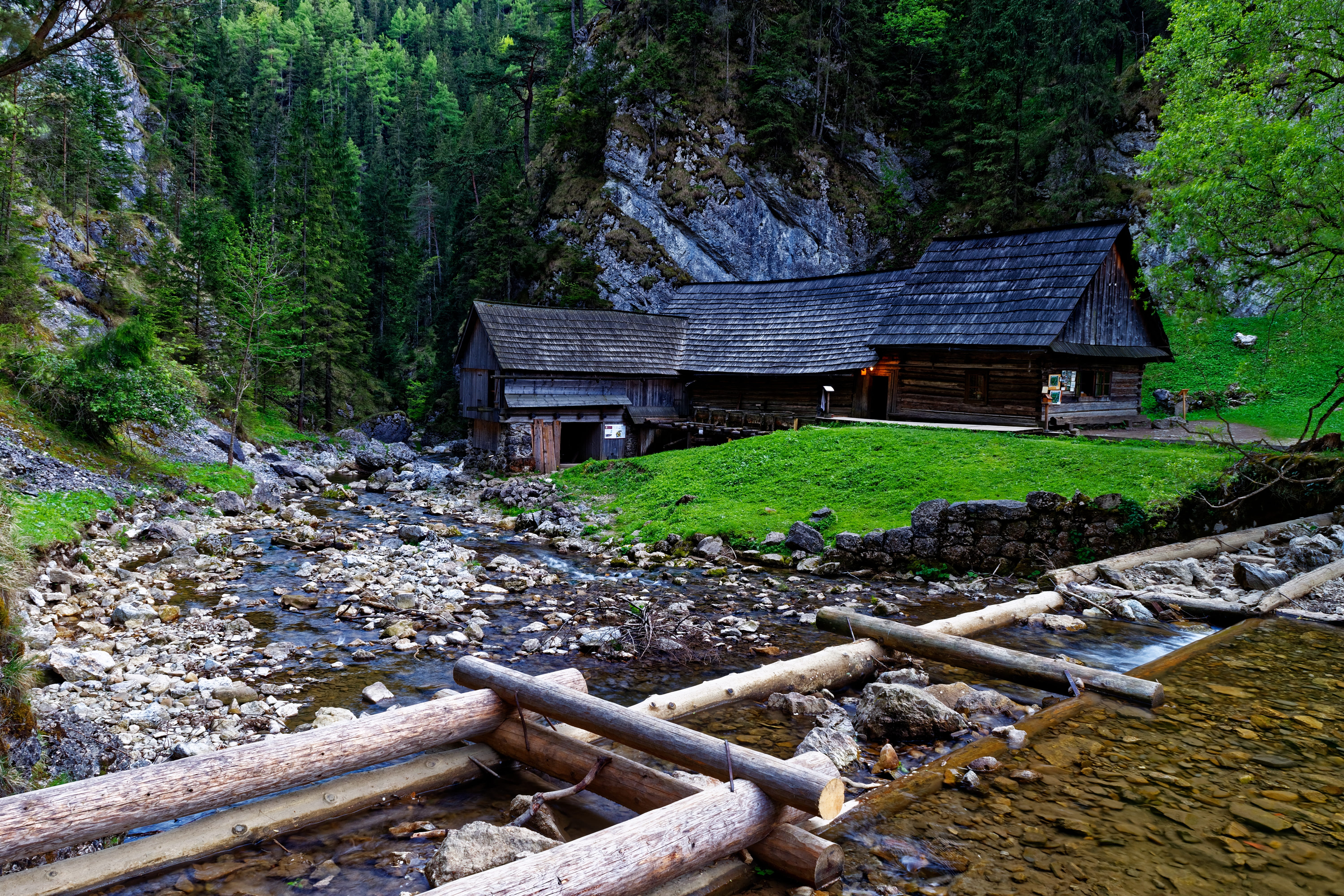 water mill, house, the grain, green color, nature, tree, no people, water, river, creek, tranquil scene, valley, building exterior, kvačany, plant, wooden mill, HD Wallpaper
