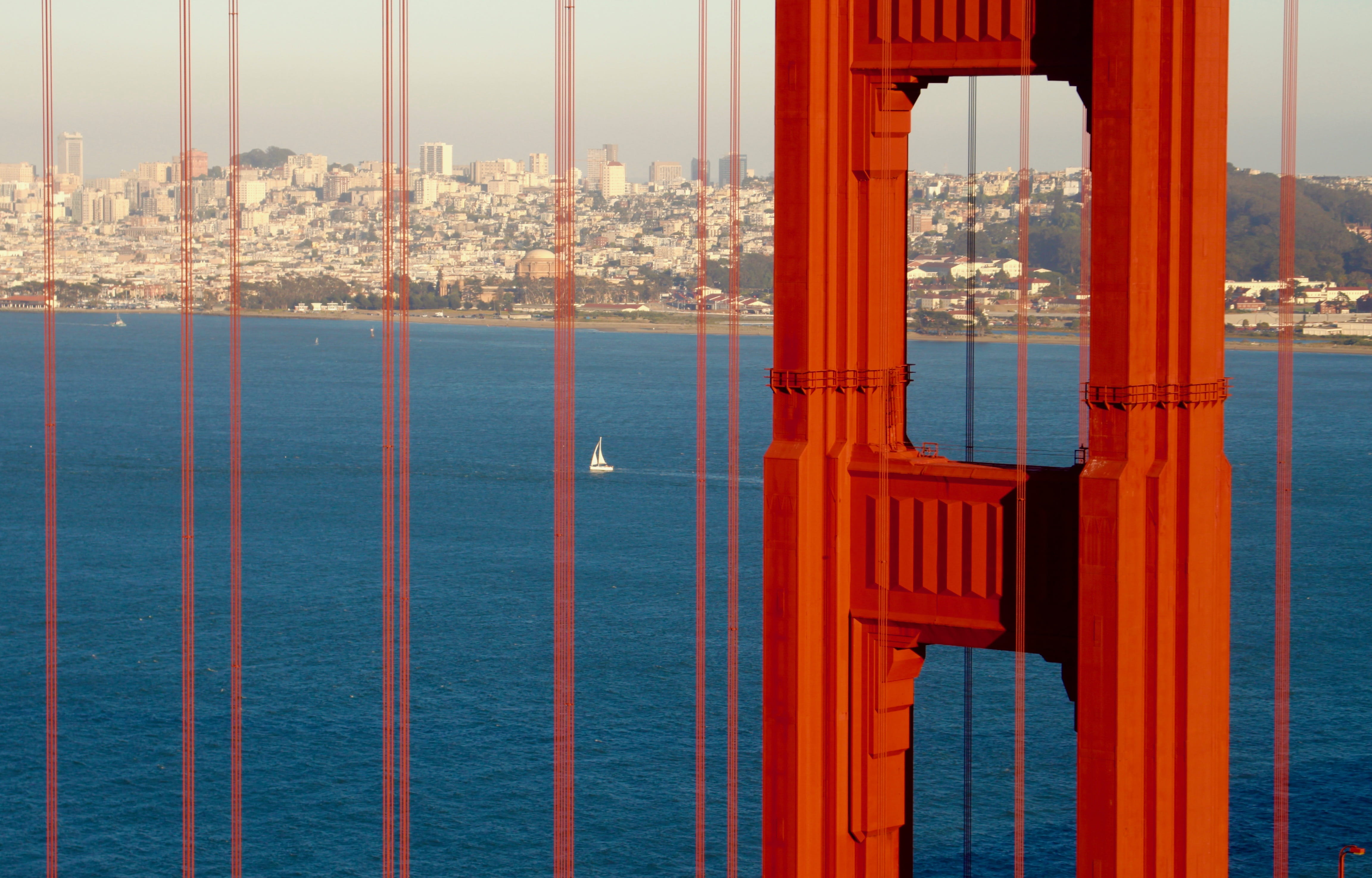 skipper, golden gate bridge, canon, san francisco, red, cityscape, bridge, nautical vessel, sea, summer, building exterior, united states, water, nature, HD Wallpaper