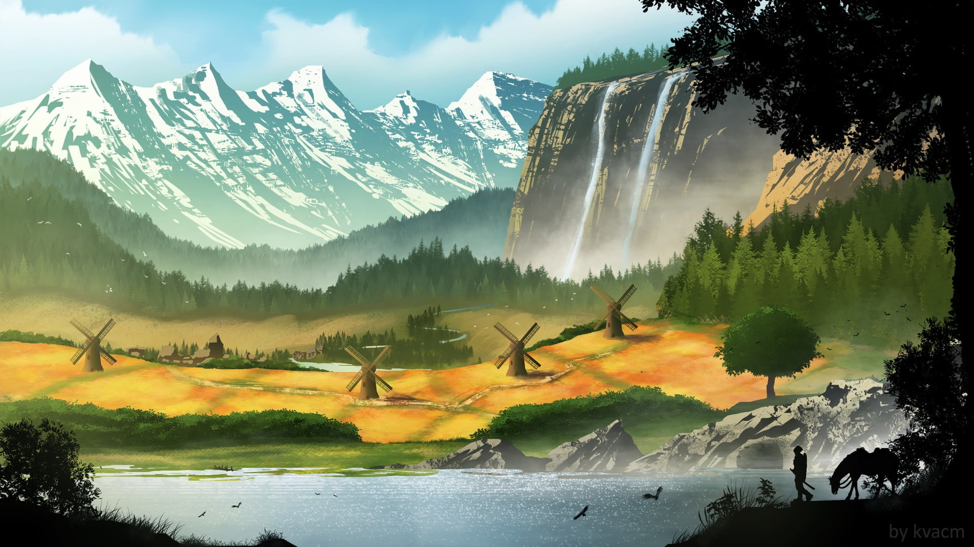 mill, mountains, 1080P, valley, Village commission, waterfall, HD Wallpaper