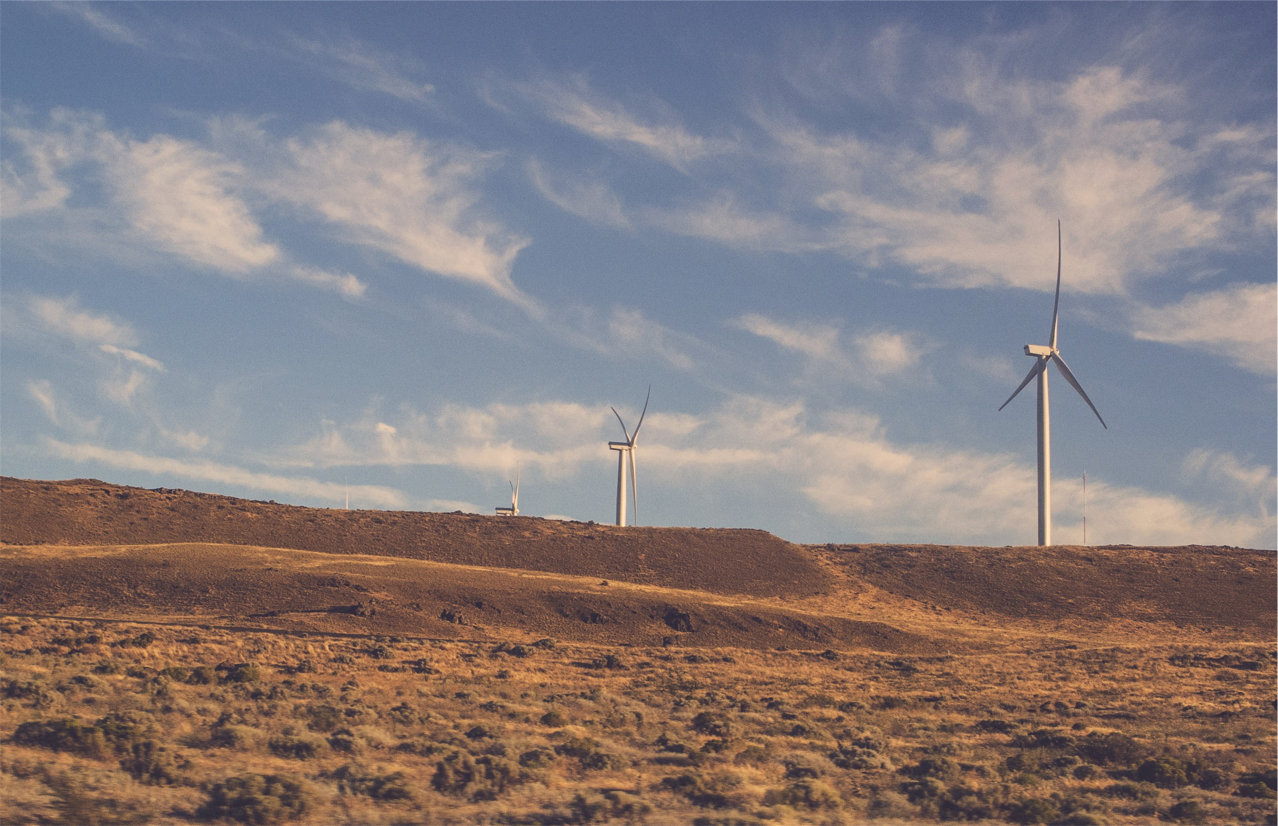 brown, wind power, wind turbine, arid climate, power in nature, sustainable resources, environment, blue, valley, landscape, renewable energy, fields, white, HD Wallpaper