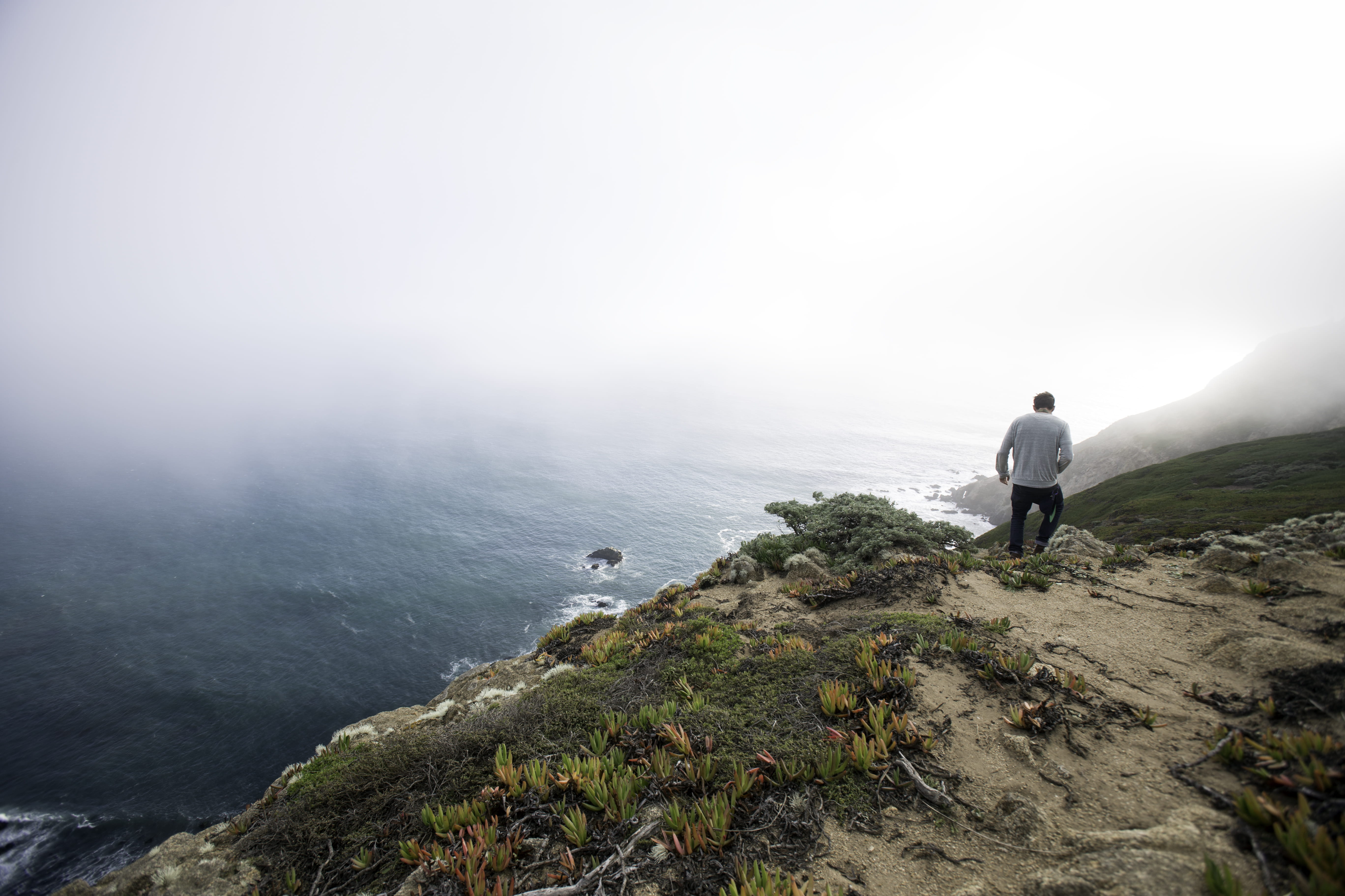 blue, leisure activity, men, san francisco, cliff, california 1, pacific ocean, scenics - nature, sea, one person, vacations, solid, hiking, fog, tranquility, HD Wallpaper