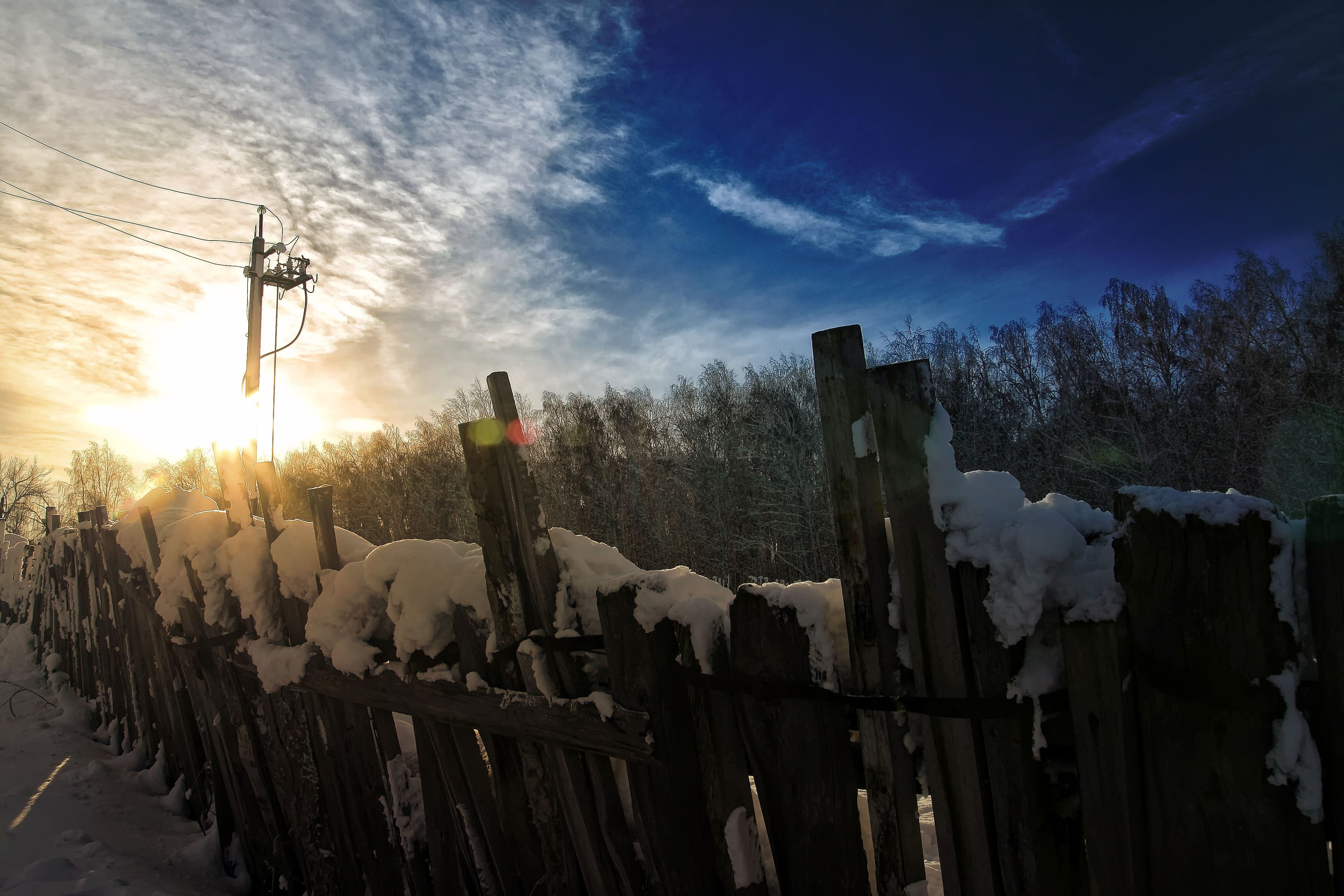 landscape, fences, cold temperature, no people, boundary, cloud - sky, land, winter, tree, snow, nature, wood - material, wooden, sky, scenics - nature, HD Wallpaper