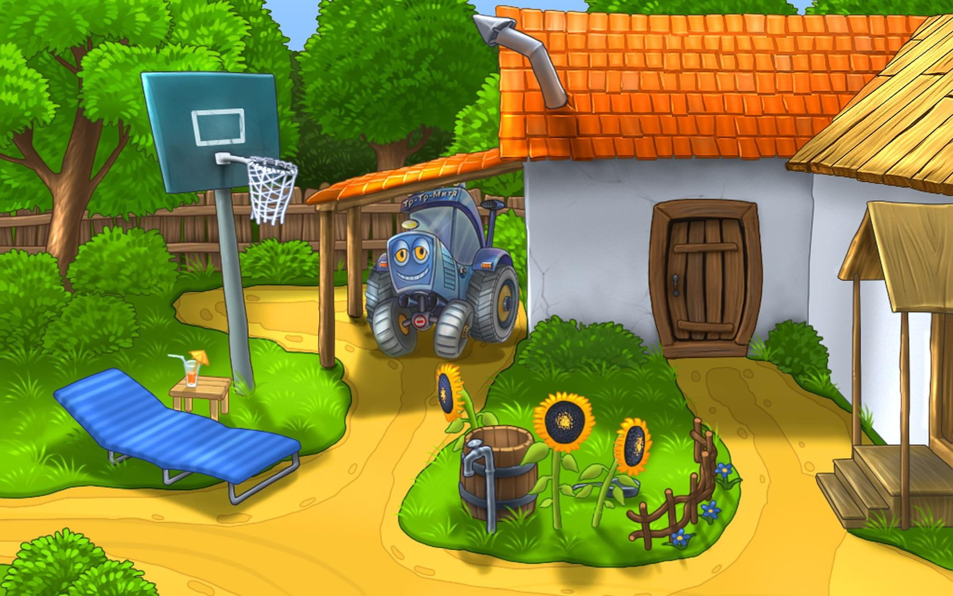 1920x1200, cartoon, painting, house, 1080P, basket, backyard, yard, vector, HD Wallpaper