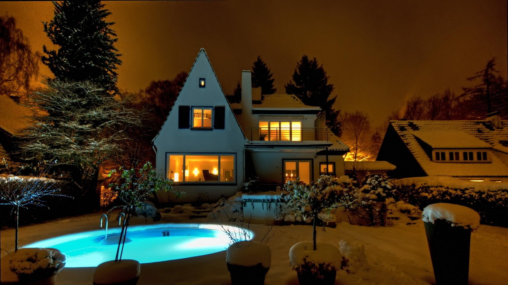 nature and landscapes, backyard, white, lights, beautiful, night, winter, concrete, house, pool, 1080P, HD Wallpaper