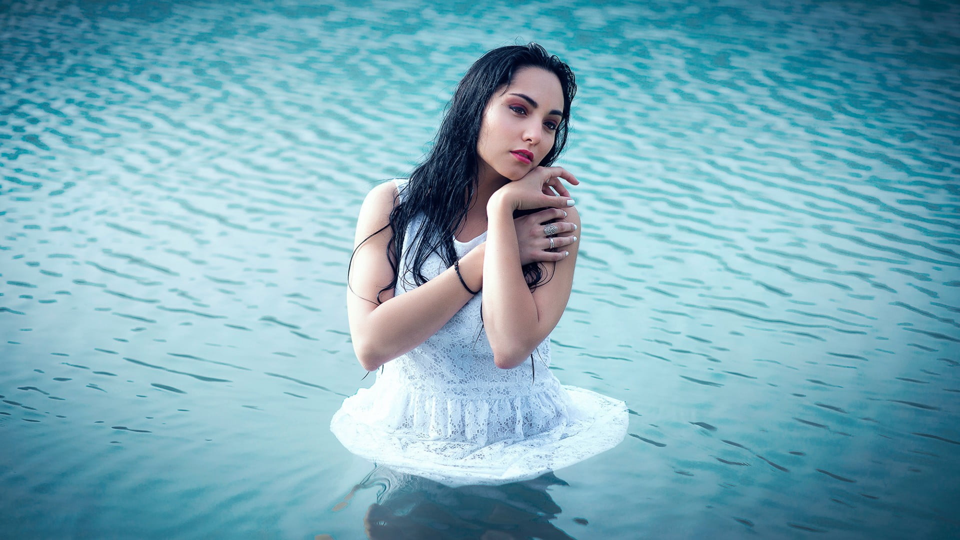 water, white dress, outdoors, wearing, woman, hair, 1080P, women, model, long hair, sleeveless, dress, real people, fashion, lifestyles, leisure activity, HD Wallpaper