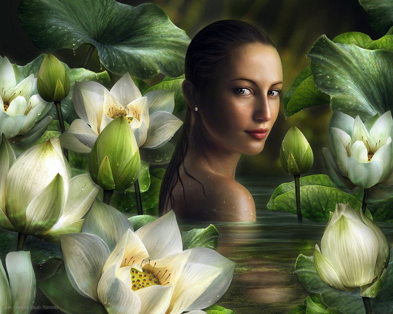 720P, fantasy art, white flowers, lotus flowers, wet hair, lily pads, women, HD Wallpaper