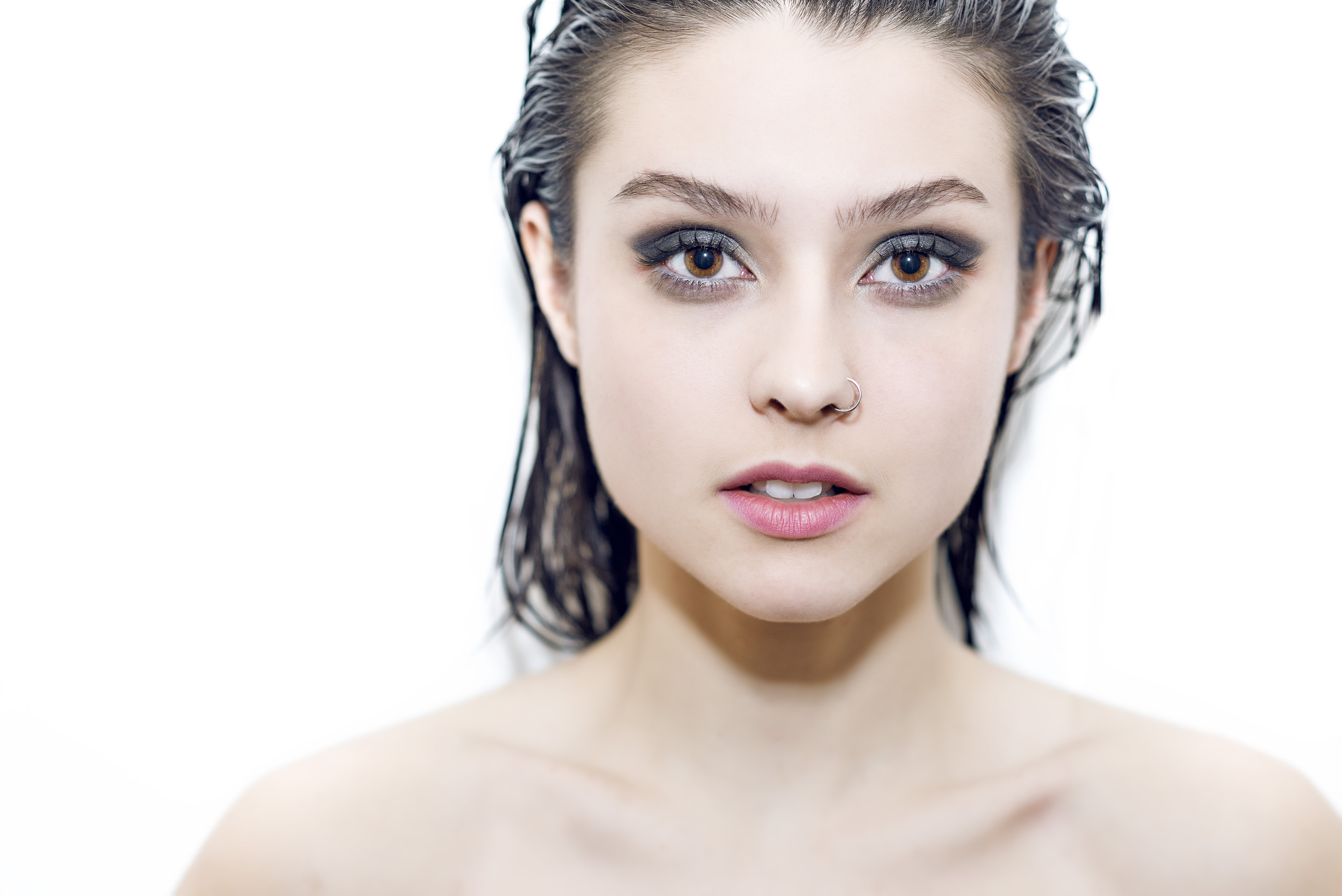women, nose, face, wet hair, portrait, white background, 5K, HD Wallpaper