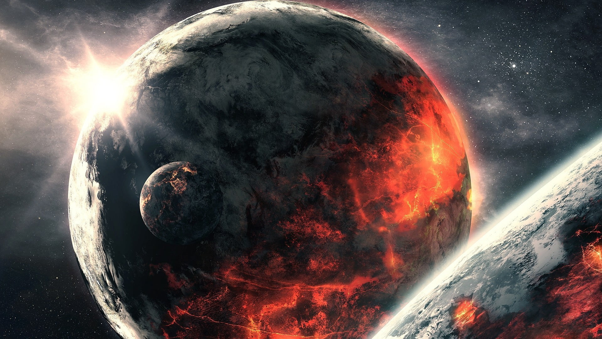 digital, nature, water, volcanic crater, power in nature, volcano, orange, sphere, 1080P, sun, motion, planet, space, no people, erupting, sunlight, HD Wallpaper