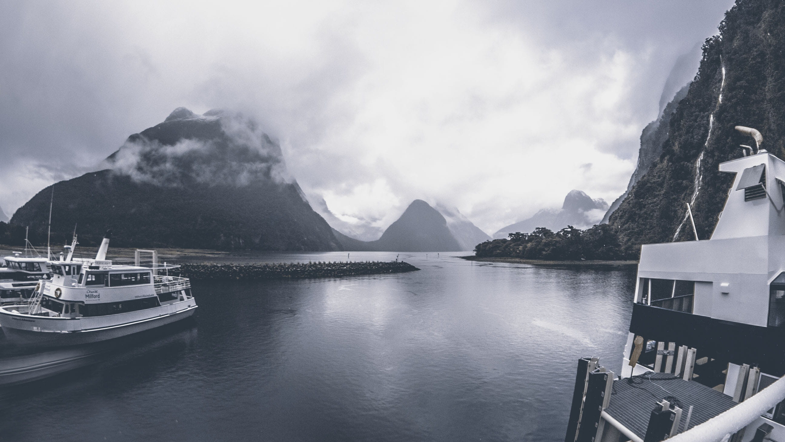watercraft, sky, body, sea, mountain range, yachts, ferry, yacht, ship, ocean, cloudy, nautical vessel, scenics - nature, foggy, mysterious, monochrome, HD Wallpaper