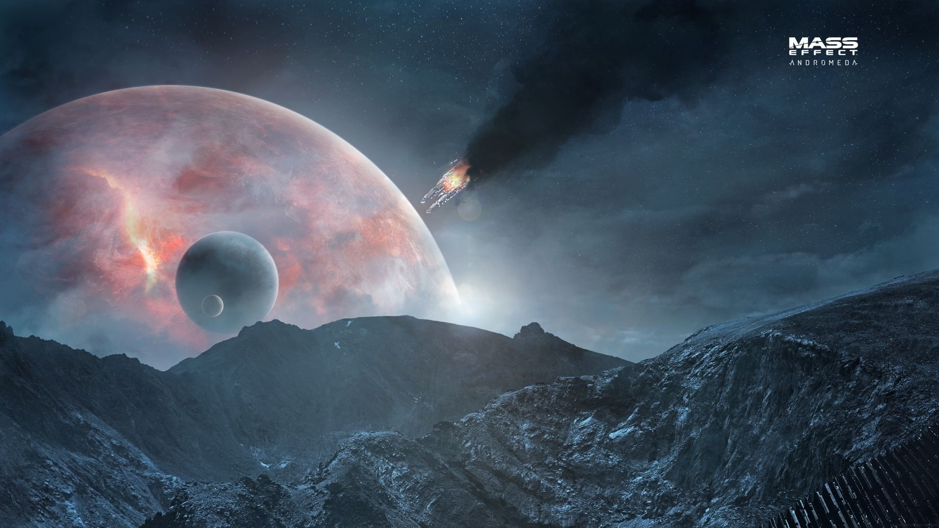 erupting, Andromeda Initiative, power in nature, sky, smoke - physical structure, full moon, non-urban scene, spaceship, lava, scenics - nature, landscape, HD Wallpaper
