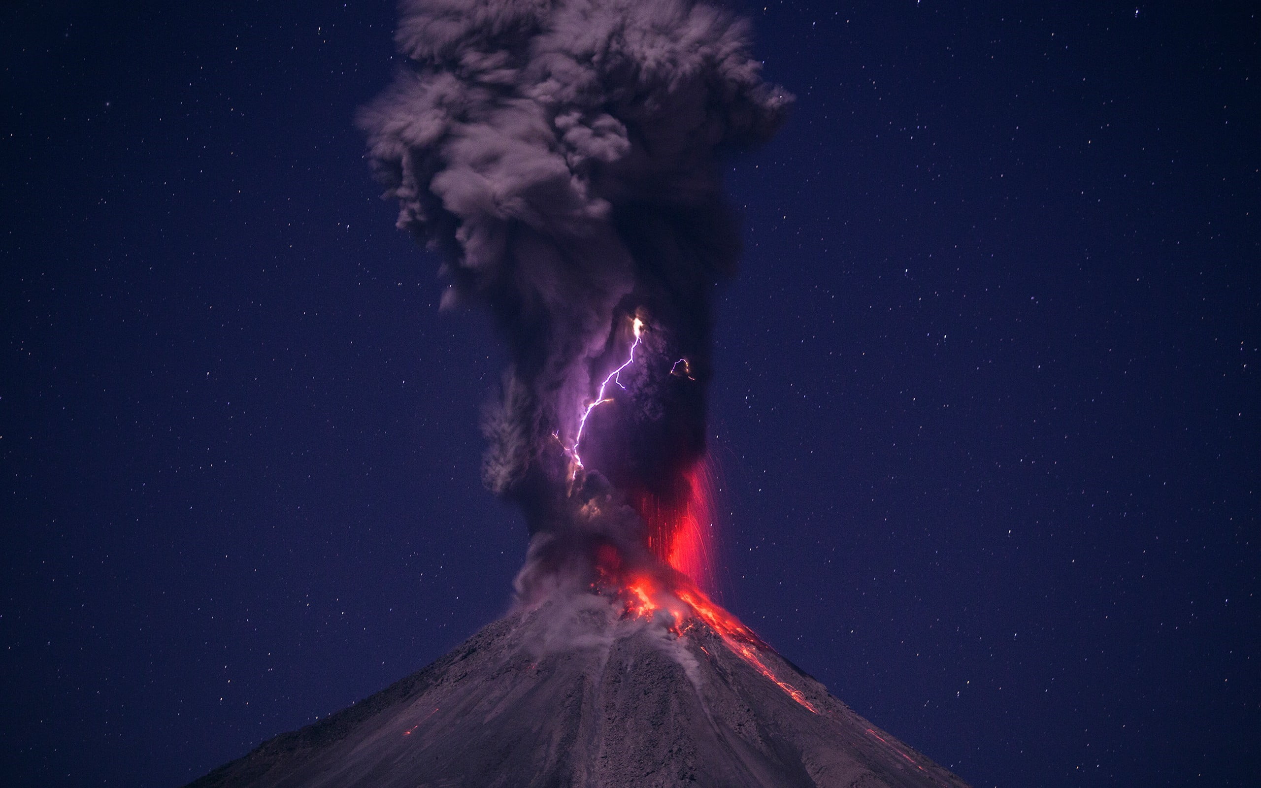 beauty in nature, heat - temperature, geology, Lightning, smoke - physical structure, power in nature, mountain peak, volcanic crater, environment, night, HD Wallpaper