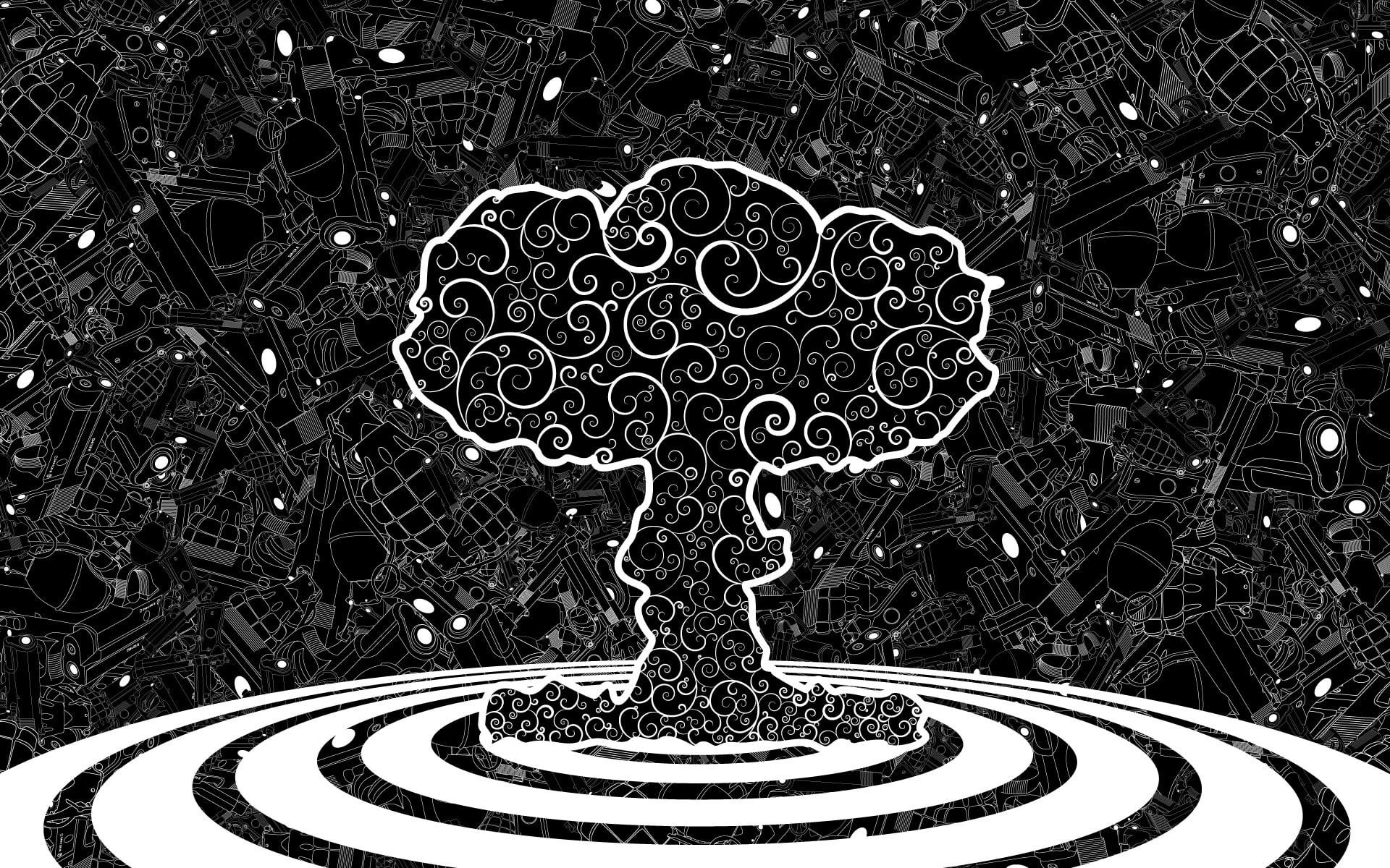 field, grass, outdoors, growth, grenades, black, park, ornate, tree, metal, circle, white, mushroom clouds, design, park - man made space, pattern, nature, HD Wallpaper