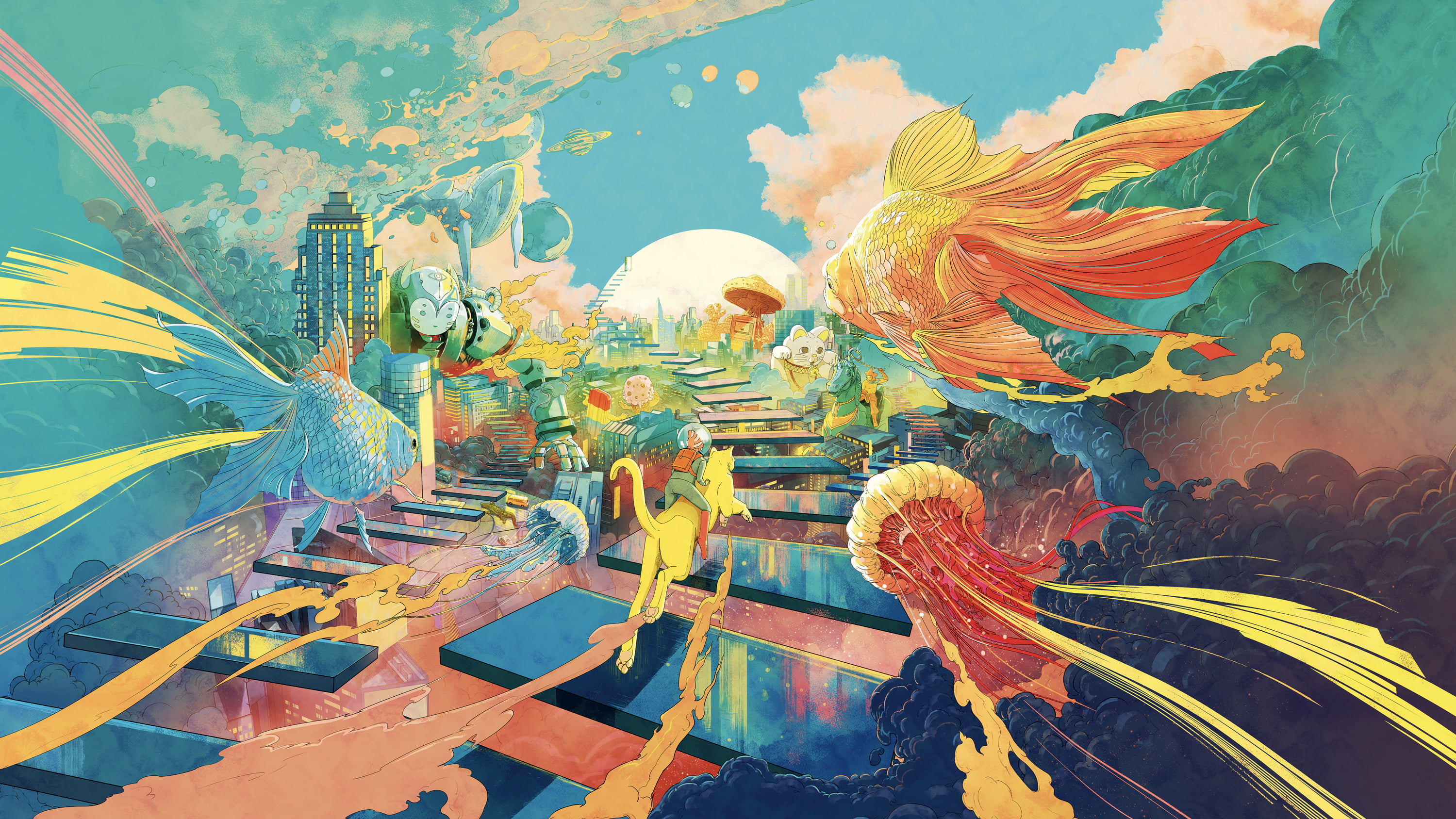crocodile, 2K, clouds, buses, ice cream, space suit, horse, Saturn, panthers, digital art, city, jellyfish, smoke, knight, fish, Moon, mushroom, fantasy art, HD Wallpaper