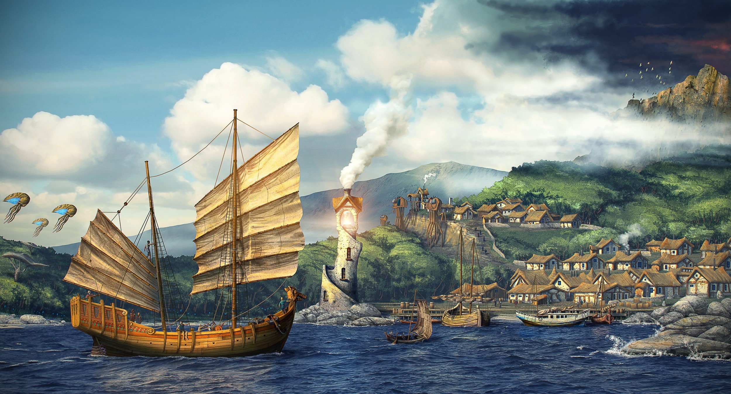 sailboat, nature, building exterior, travel, cloud - sky, scenics - nature, mushroom, sea, clouds, Hill, mode of transportation, sky, city, fantasy Art, HD Wallpaper