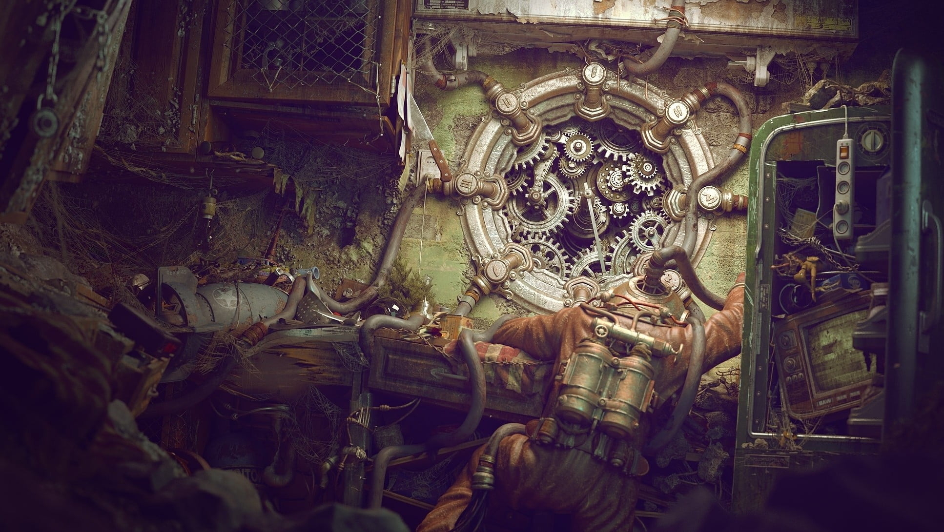 craft, no people, suit, day, steampunk, statue, creativity, built structure, gray, divers, human representation, 1080P, building, orange, place of worship, HD Wallpaper