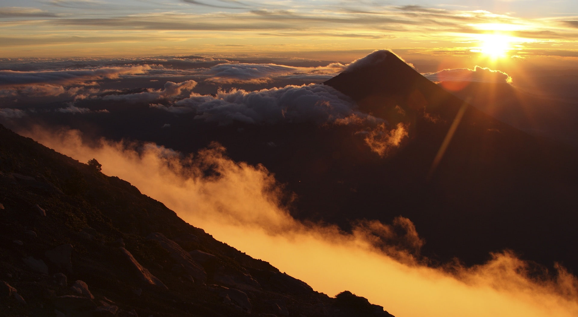 Mountains, environment, volcano, tranquility, cloud - sky, sunset, outdoors, mountain, Volcano, Nature, Over, no people, range, non-urban scene, idyllic, HD Wallpaper