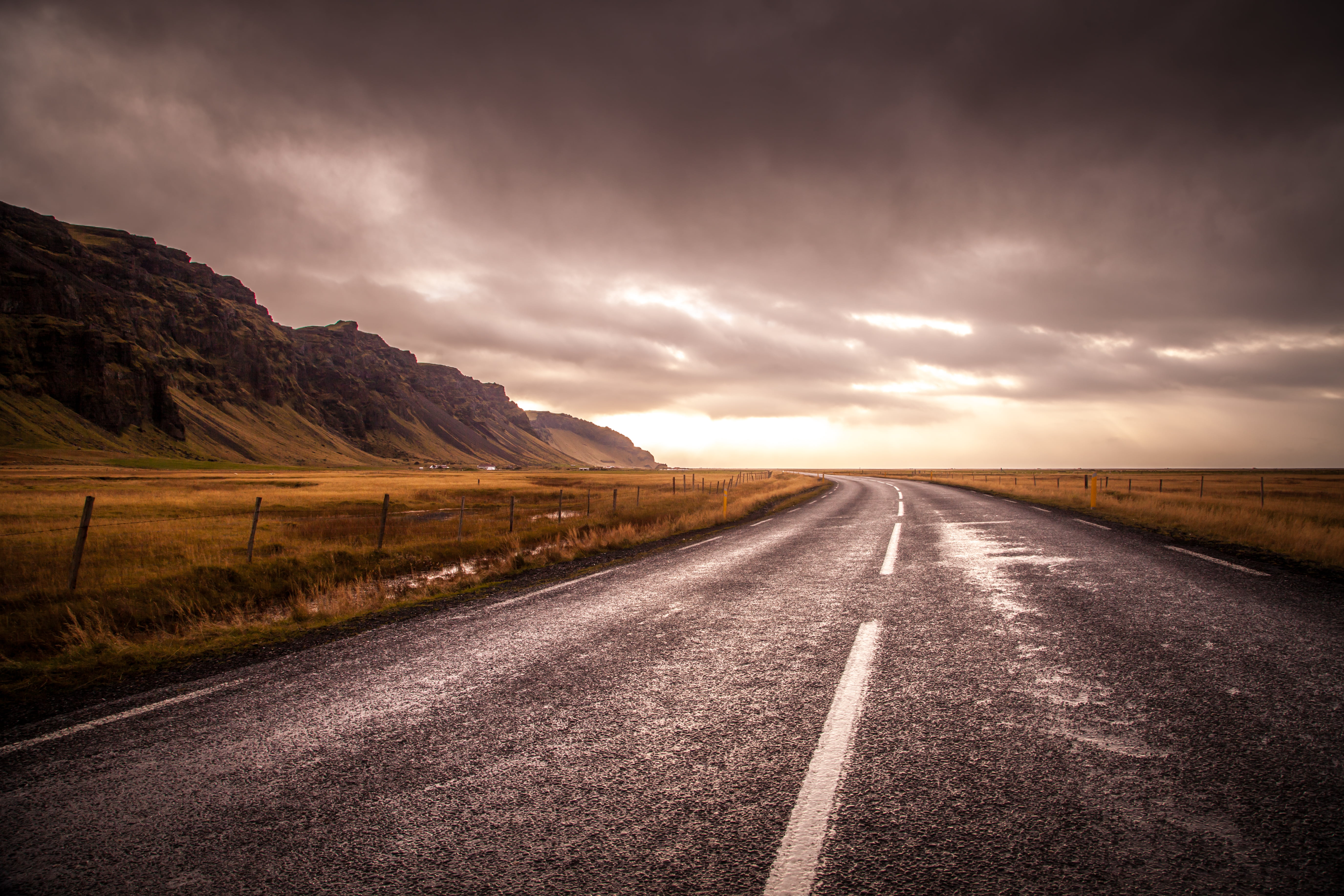 travel, outdoors, pavement, photography, sunset, 5K, viaje, asphalt, Road, Sunrise, concrete, highway, grass, Amanecer, landscape photography, nuevo, Islandia, HD Wallpaper