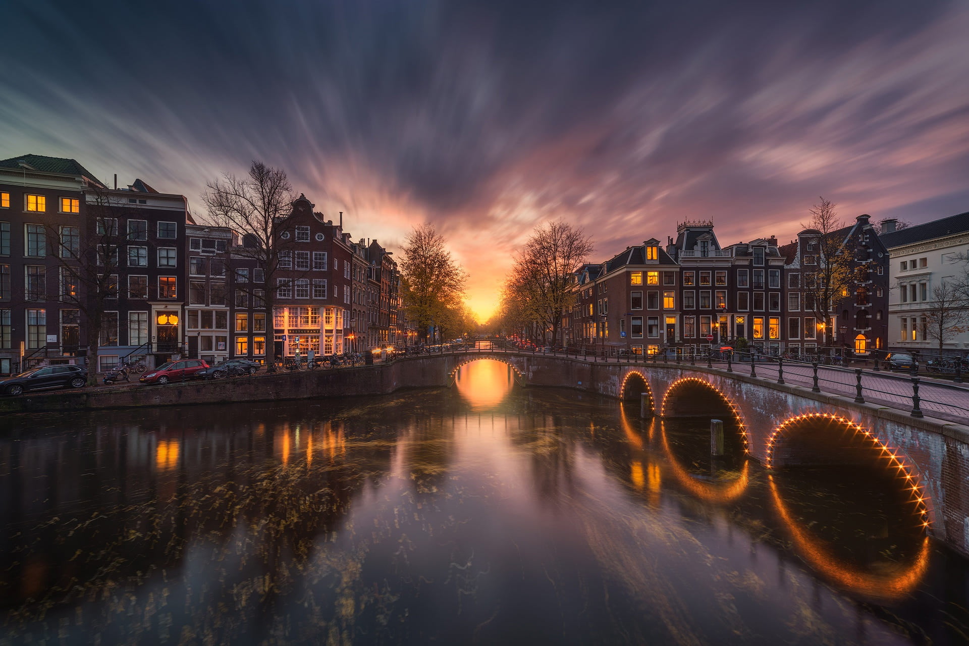 bridge, Amsterdam, street, Albert Dros, 1080P, channel, the evening, HD Wallpaper
