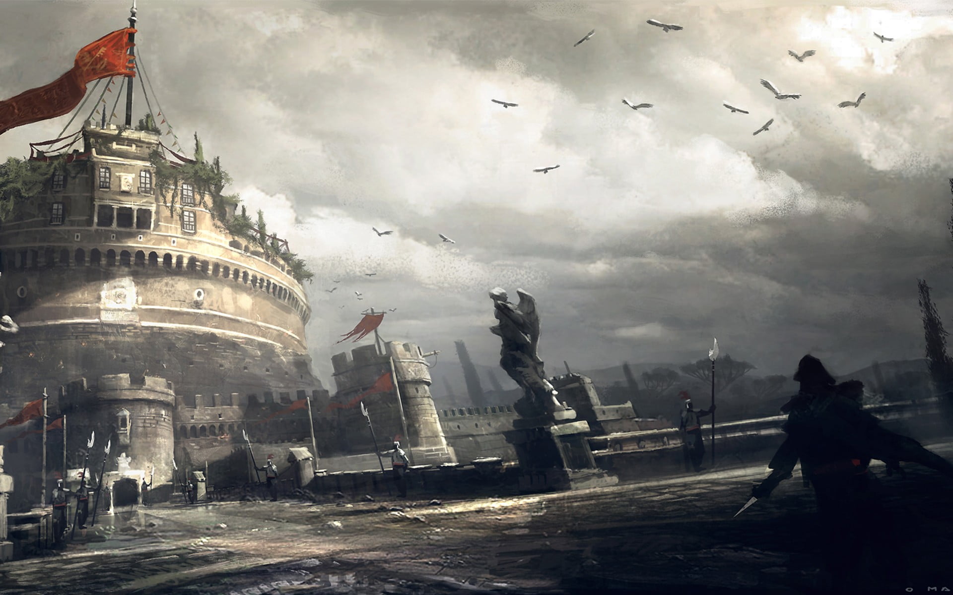 video games, red, incidental people, architecture, guards, Ezio Auditore da Firenze, 1080P, history, flying, bird, nature, Assassins Creed, the past, built structure, HD Wallpaper