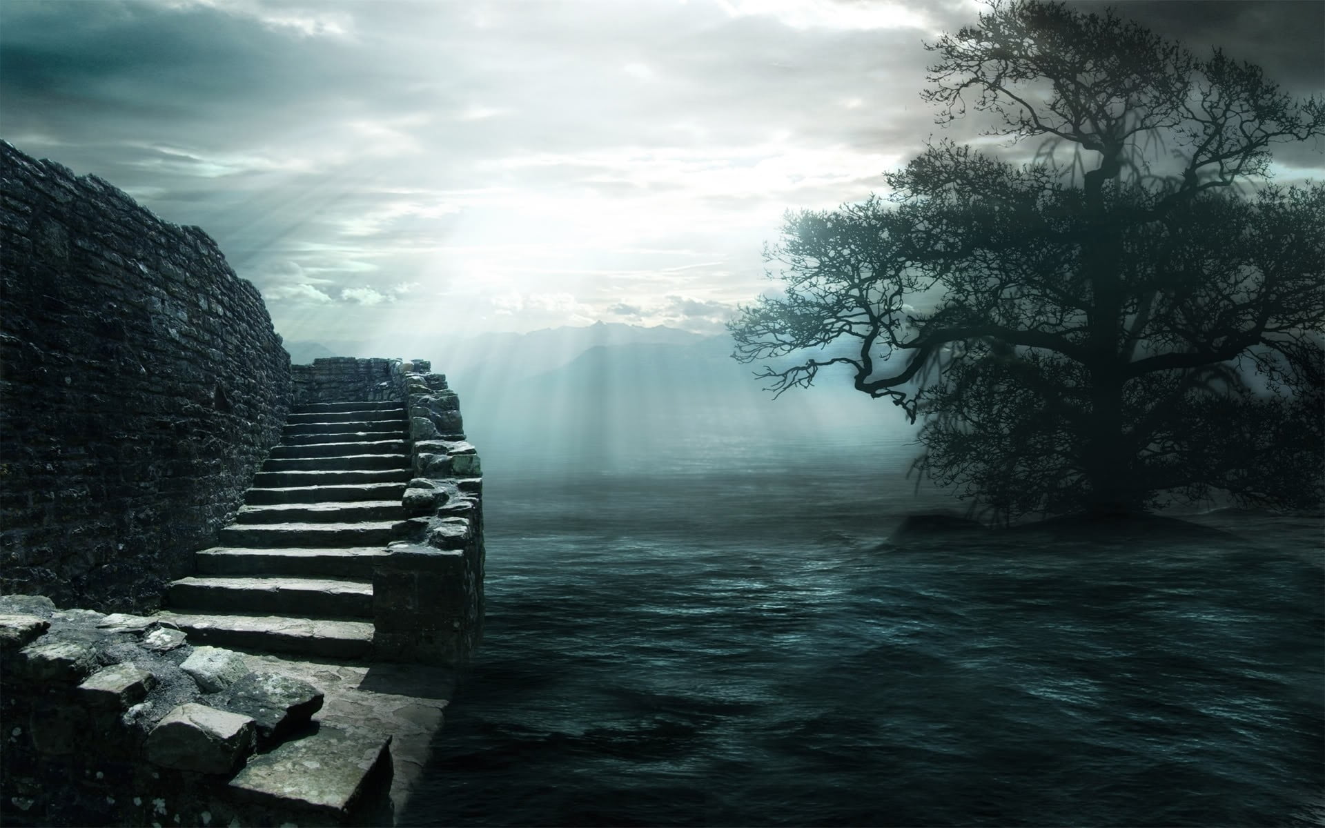 non-urban scene, stairs, day, tranquil scene, cloud - sky, body, painting, plant, 1080P, tree, fog, flowing water, wood - material, tranquility, water, HD Wallpaper