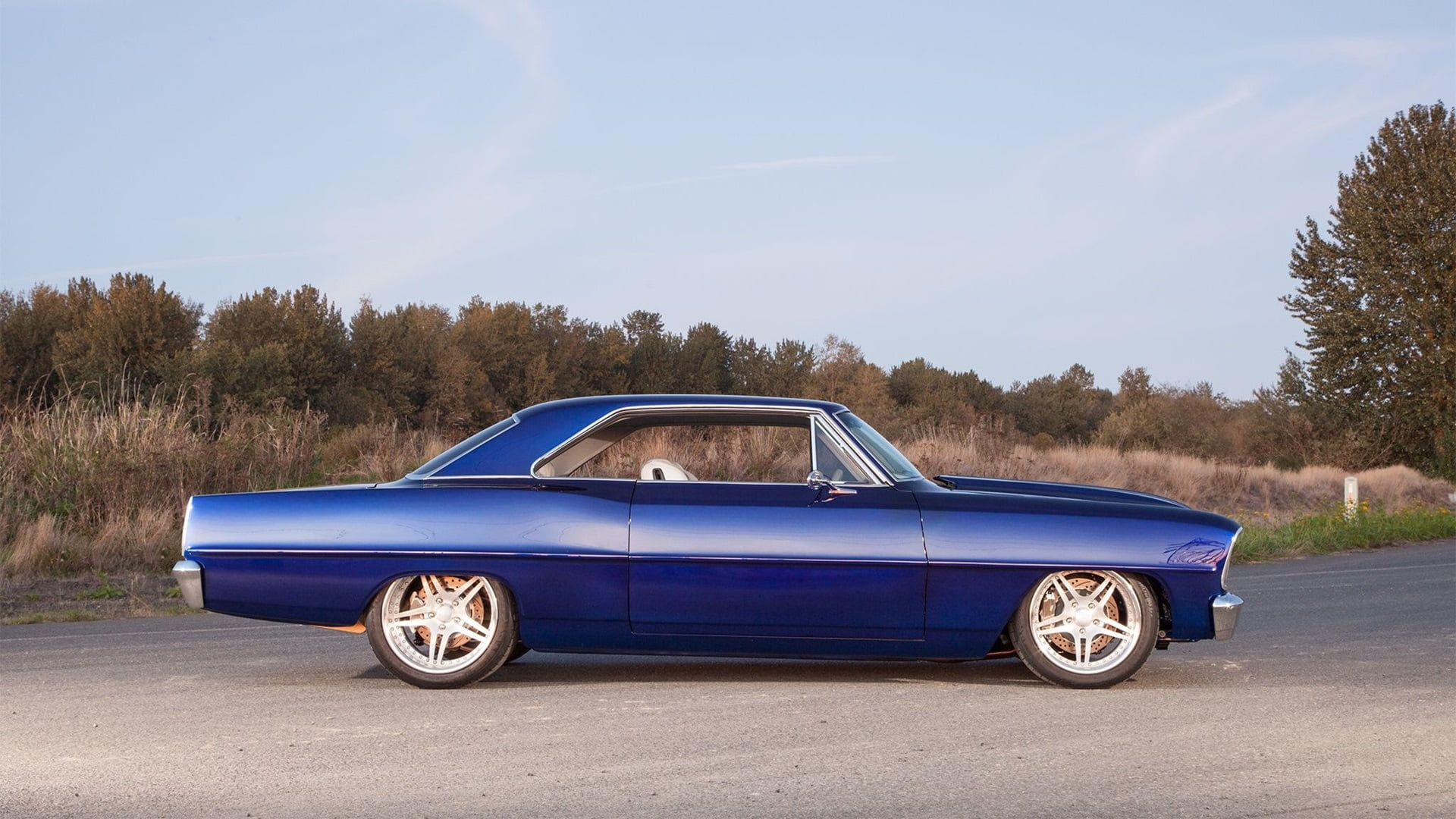 1080P, landscape, motor vehicle, car, blue, sky, nature, travel, outdoors, pro touring 1966 chevy nova, windows, tree, side view, day, plant, vintage car, HD Wallpaper